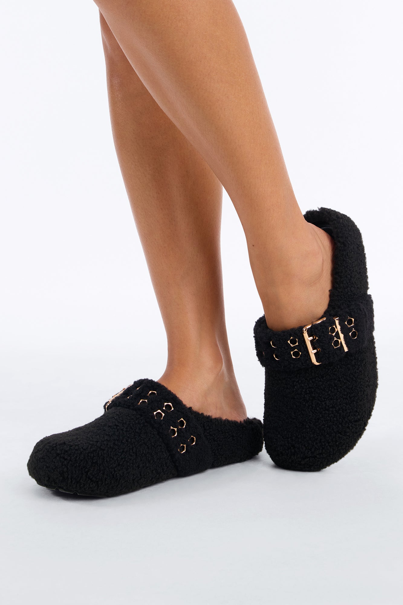 Collie Buckle Sherpa Flats - Black