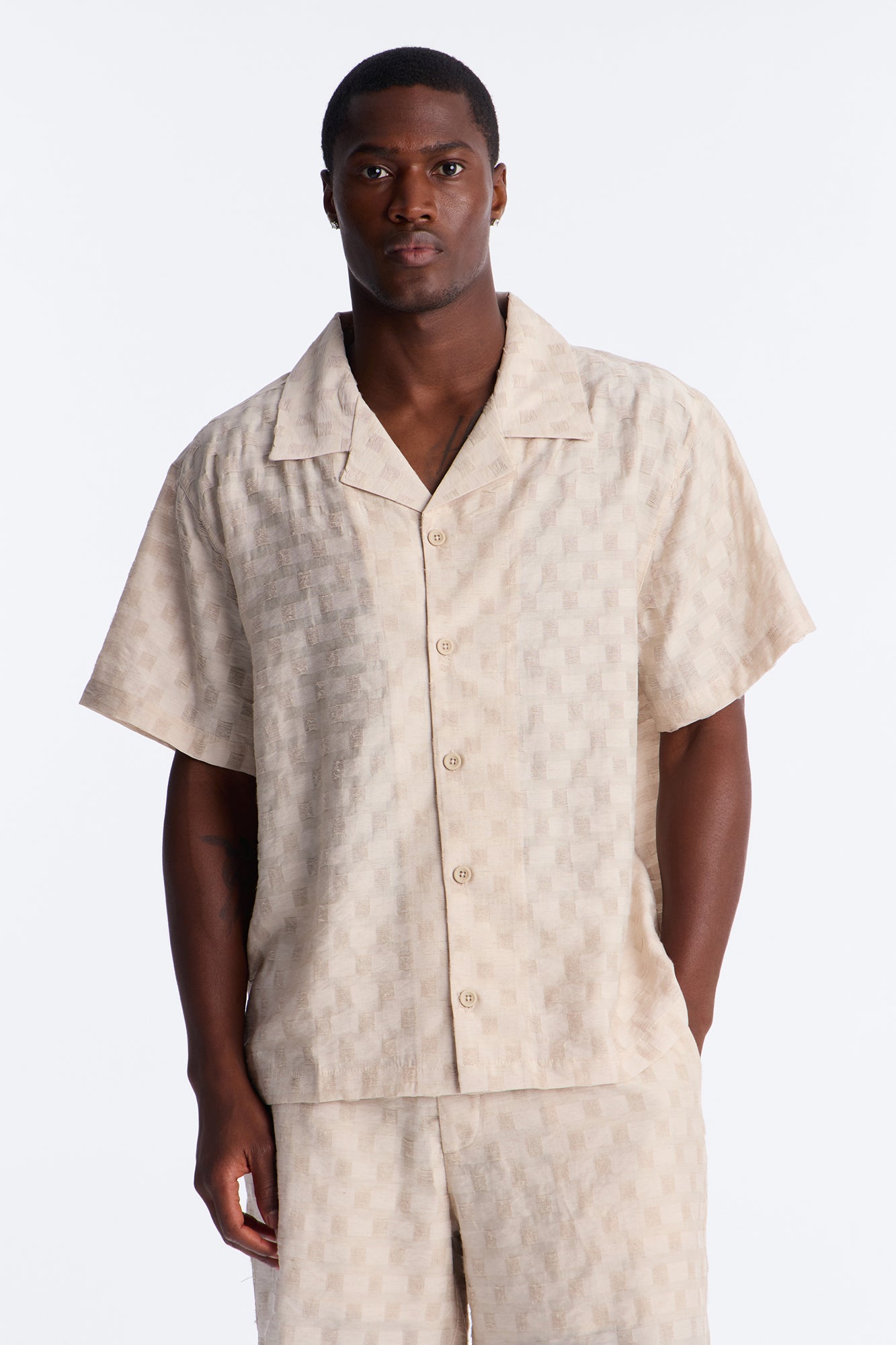Textured Checkered Cuban Collar Button Up Shirt - Taupe