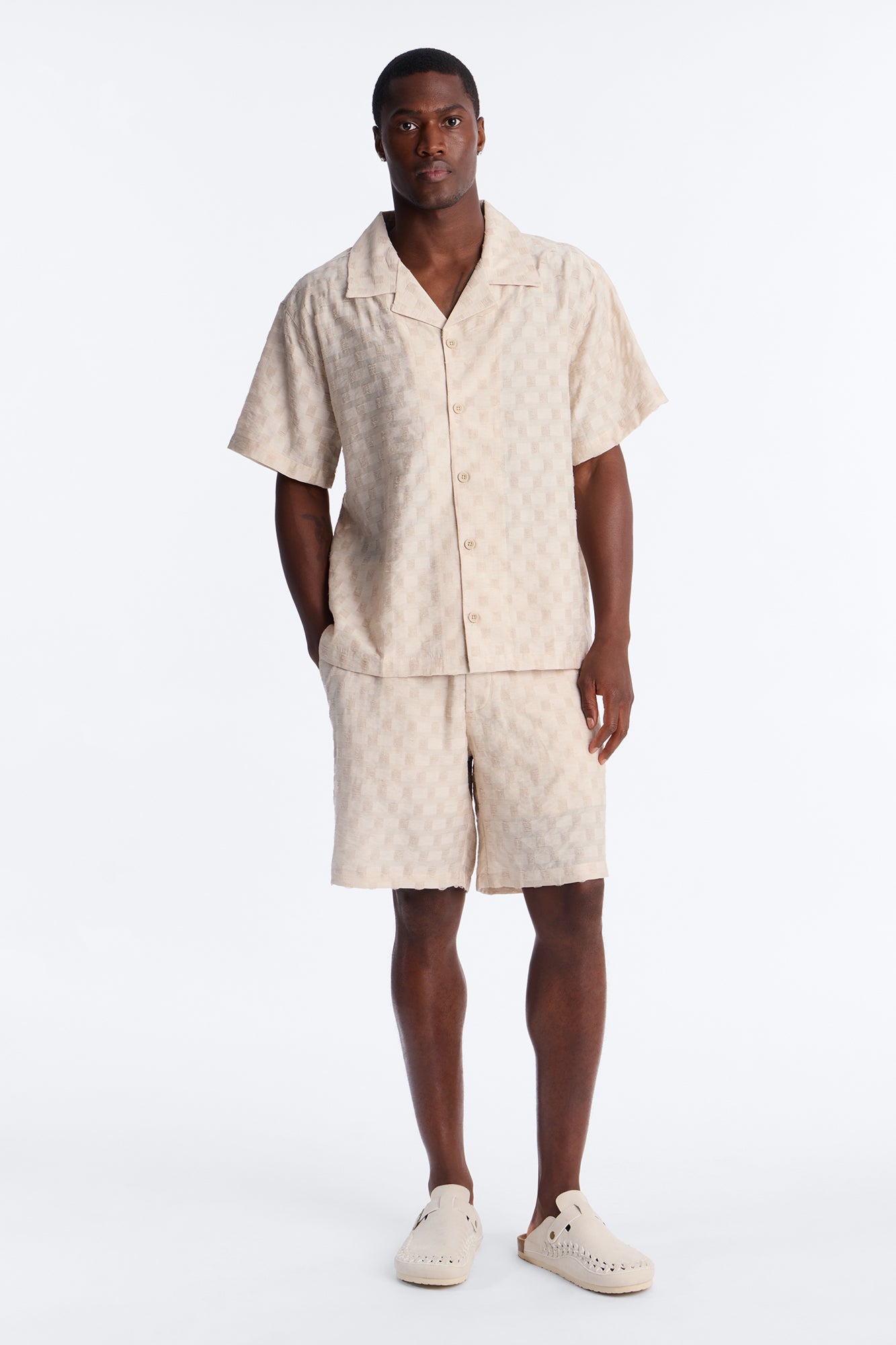 Textured Checkered Cuban Collar Button Up Shirt - Taupe