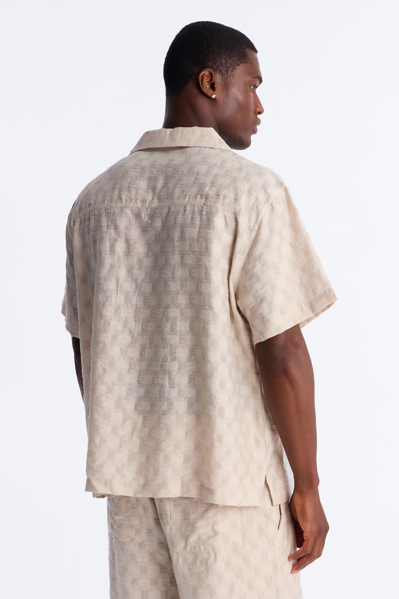 Textured Checkered Cuban Collar Button Up Shirt - Taupe