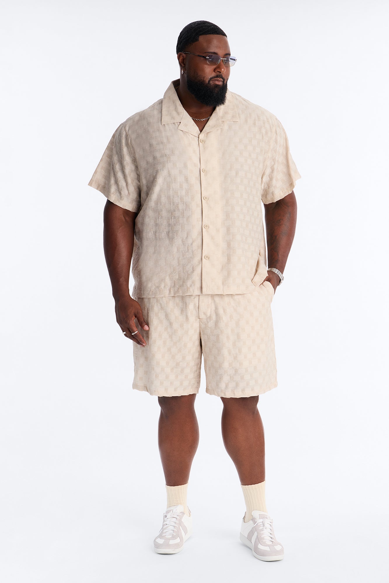 Textured Checkered Cuban Collar Button Up Shirt - Taupe