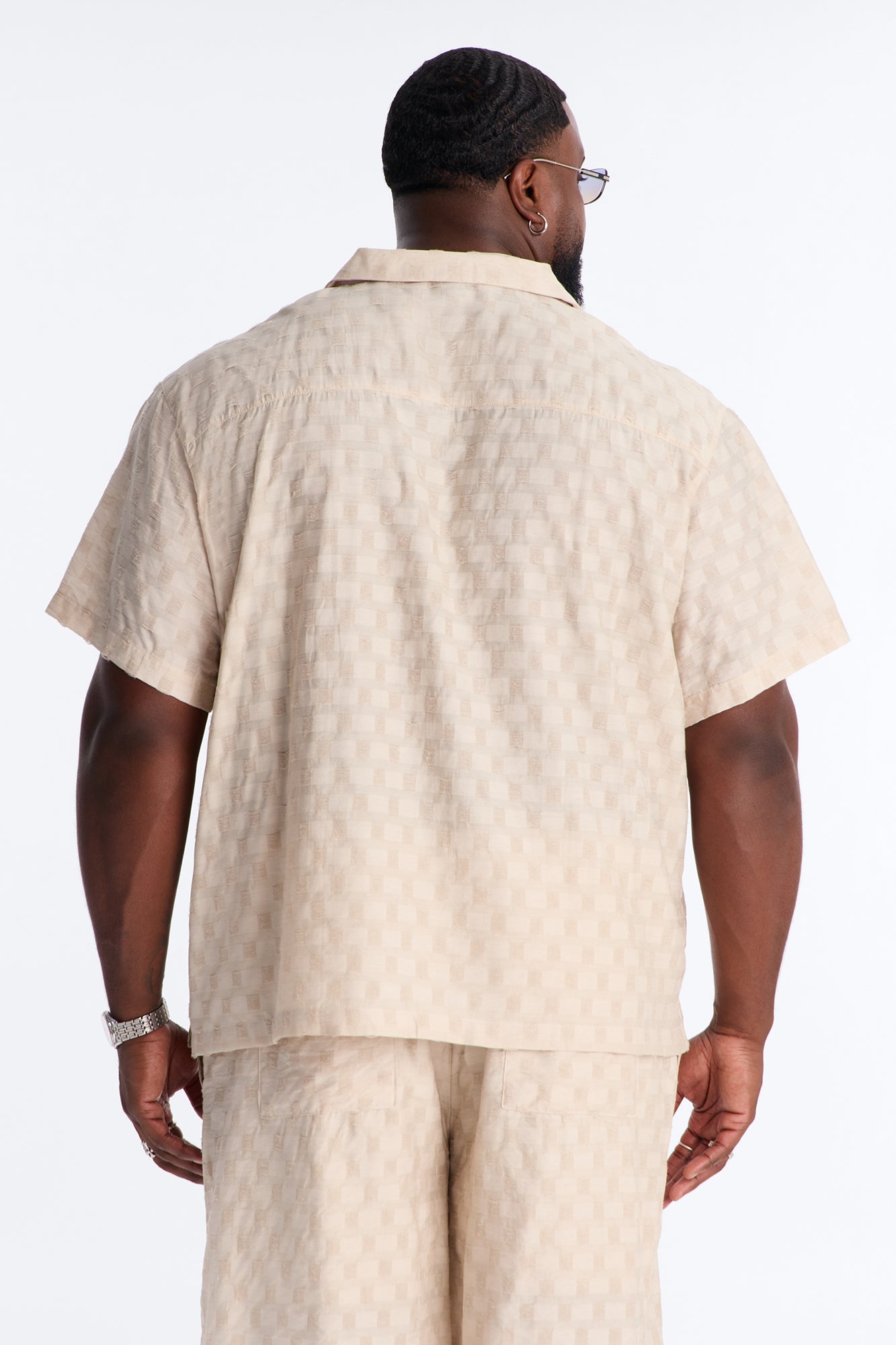 Textured Checkered Cuban Collar Button Up Shirt - Taupe