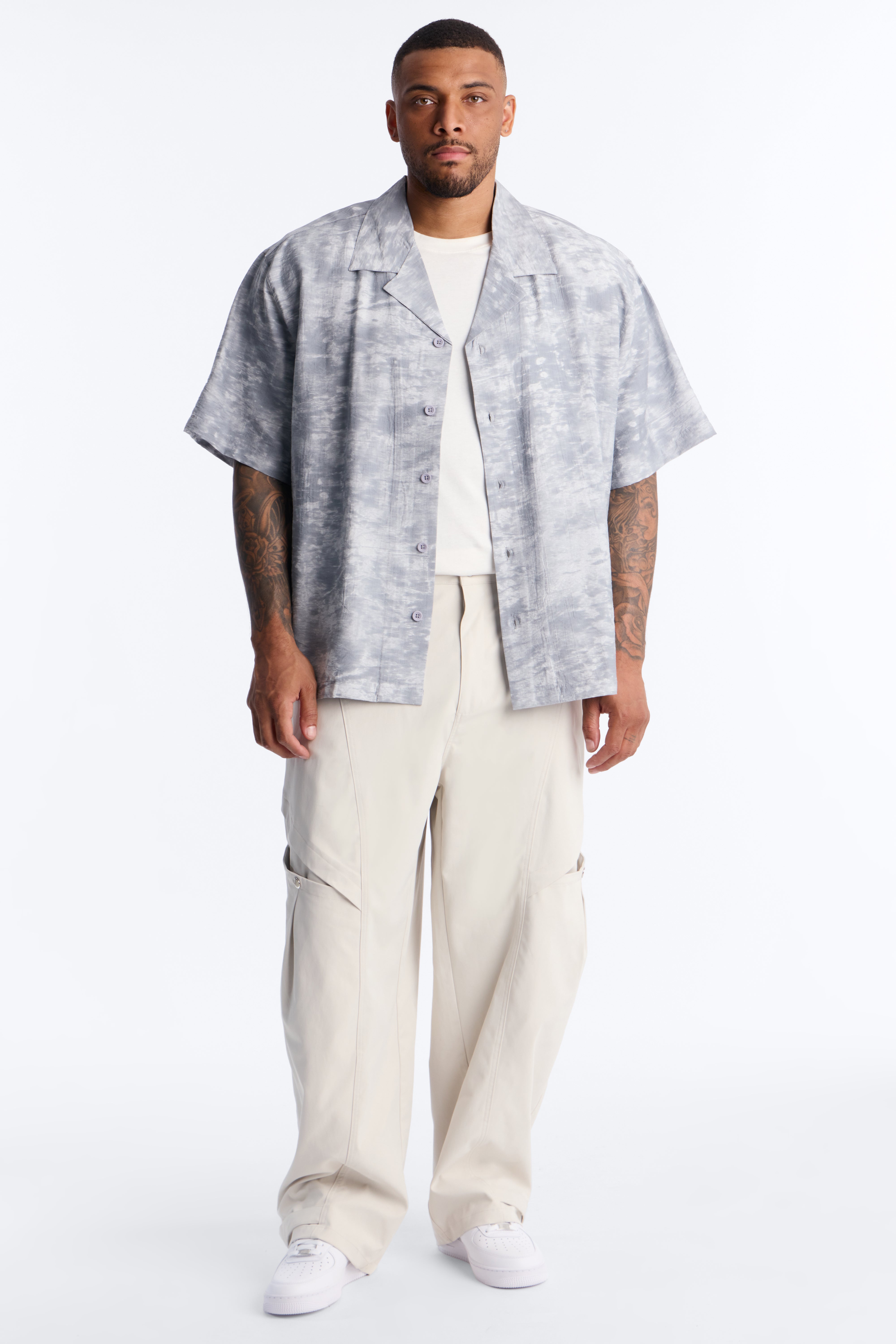Marble Wash Cuban Collar Button Up Shirt - Grey/combo