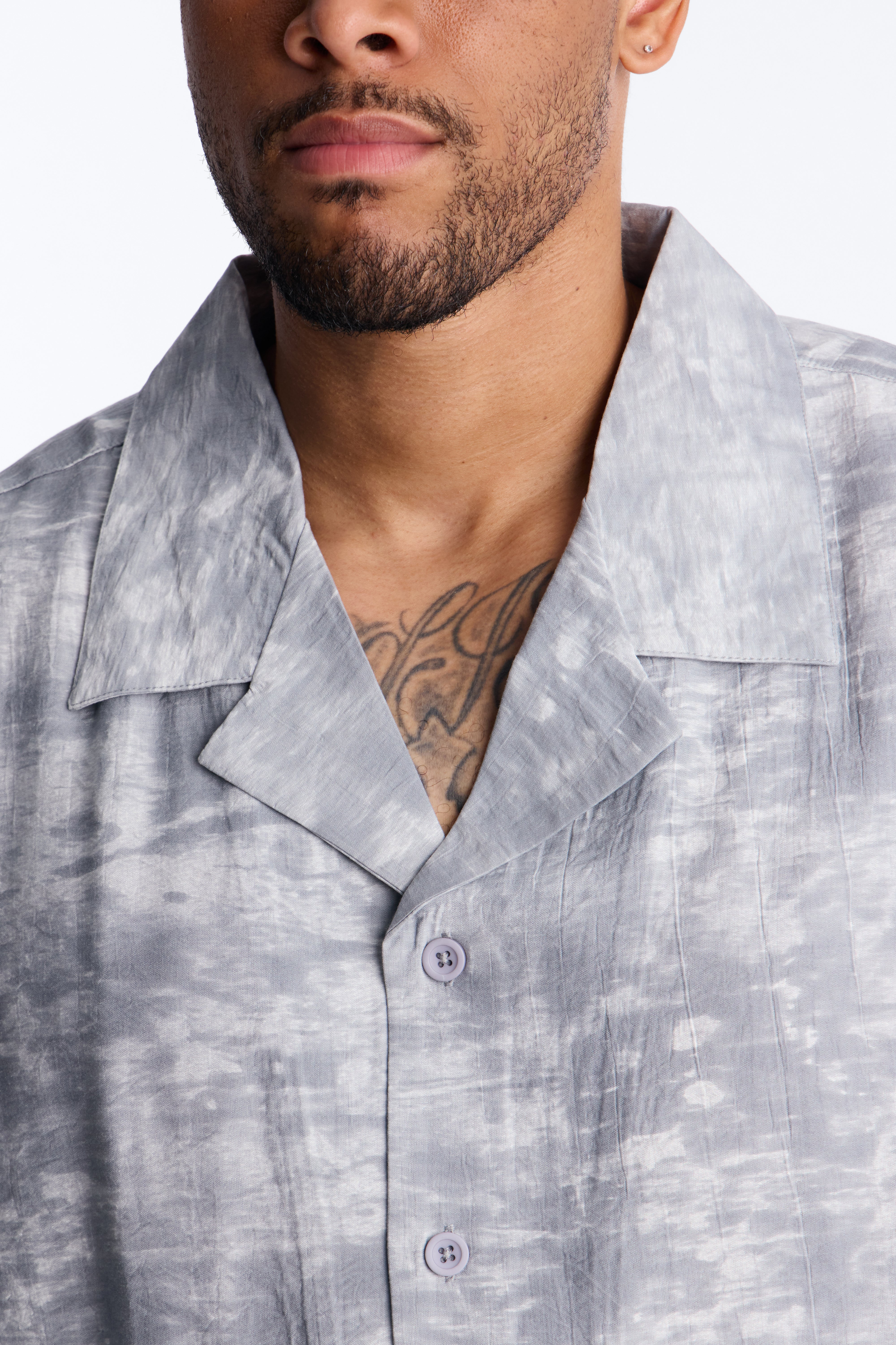 Marble Wash Cuban Collar Button Up Shirt - Grey/combo