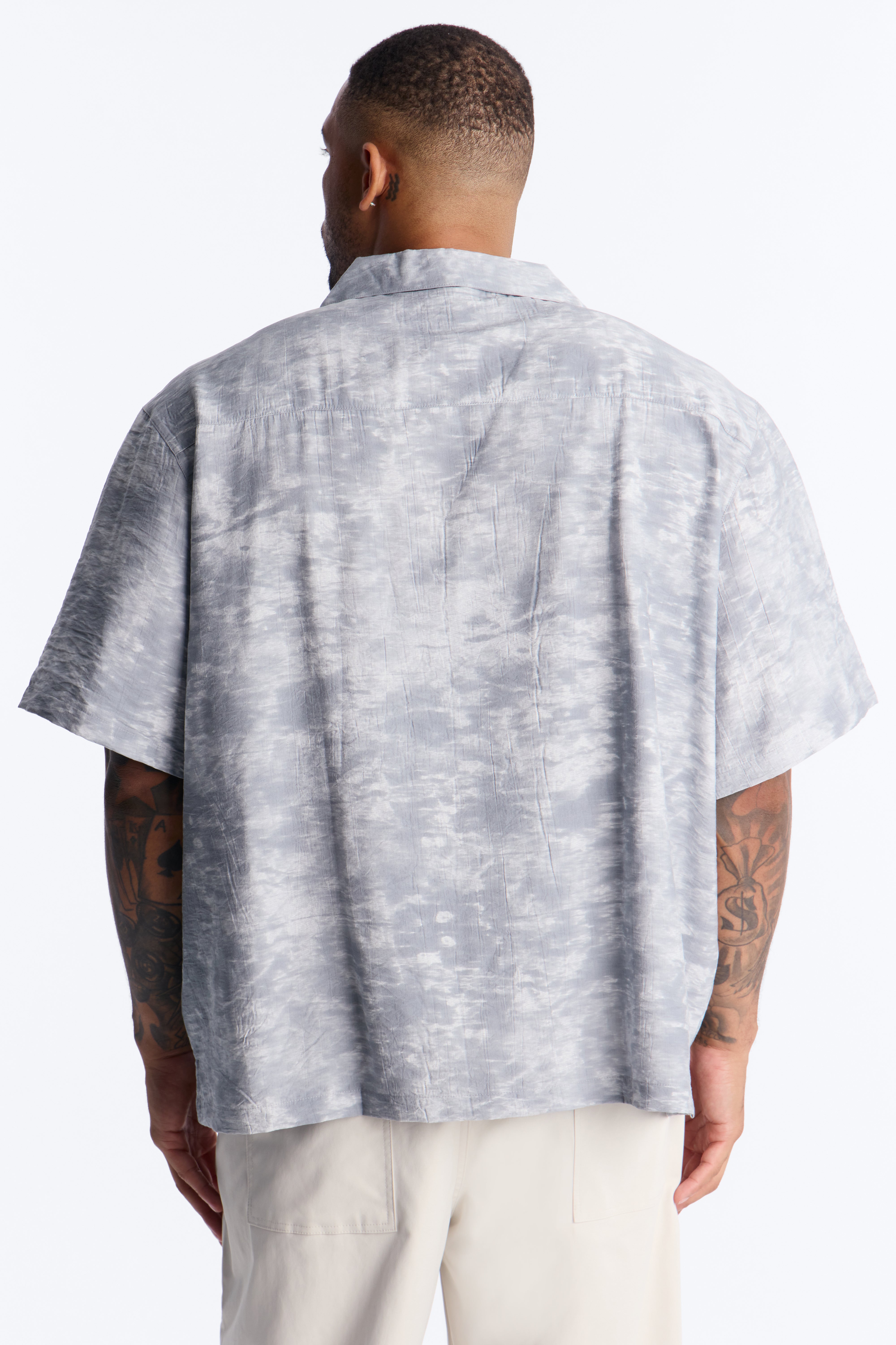 Marble Wash Cuban Collar Button Up Shirt - Grey/combo