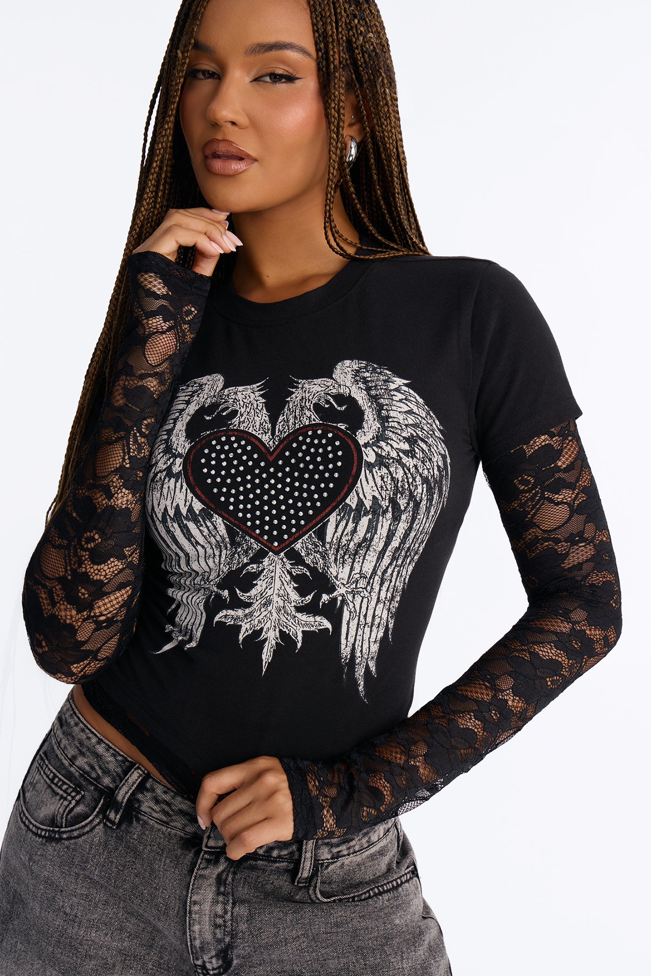 Heart Angel Wing Lace 2Fer With Rhinestones - Black