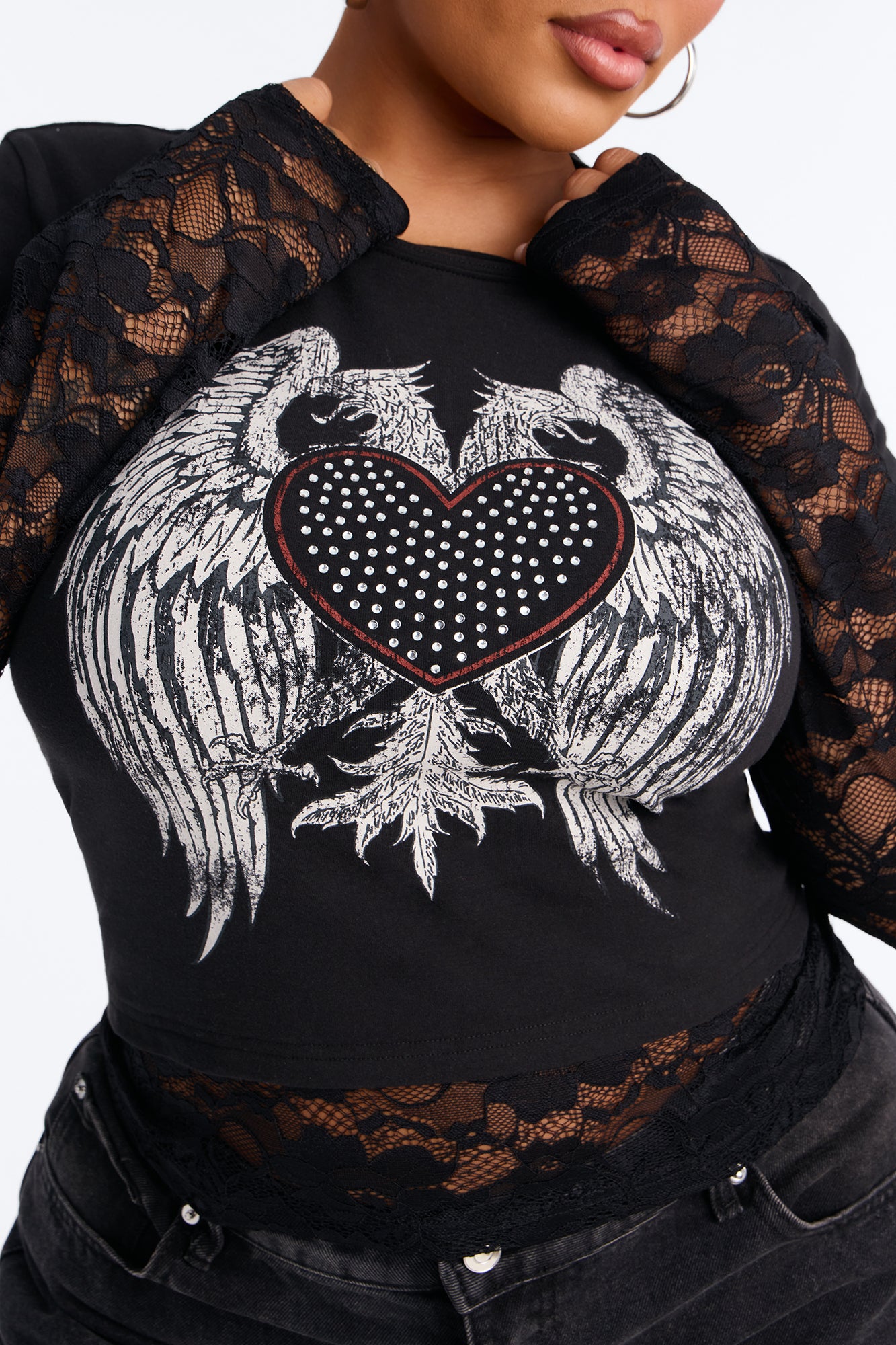 Heart Angel Wing Lace 2Fer With Rhinestones - Black