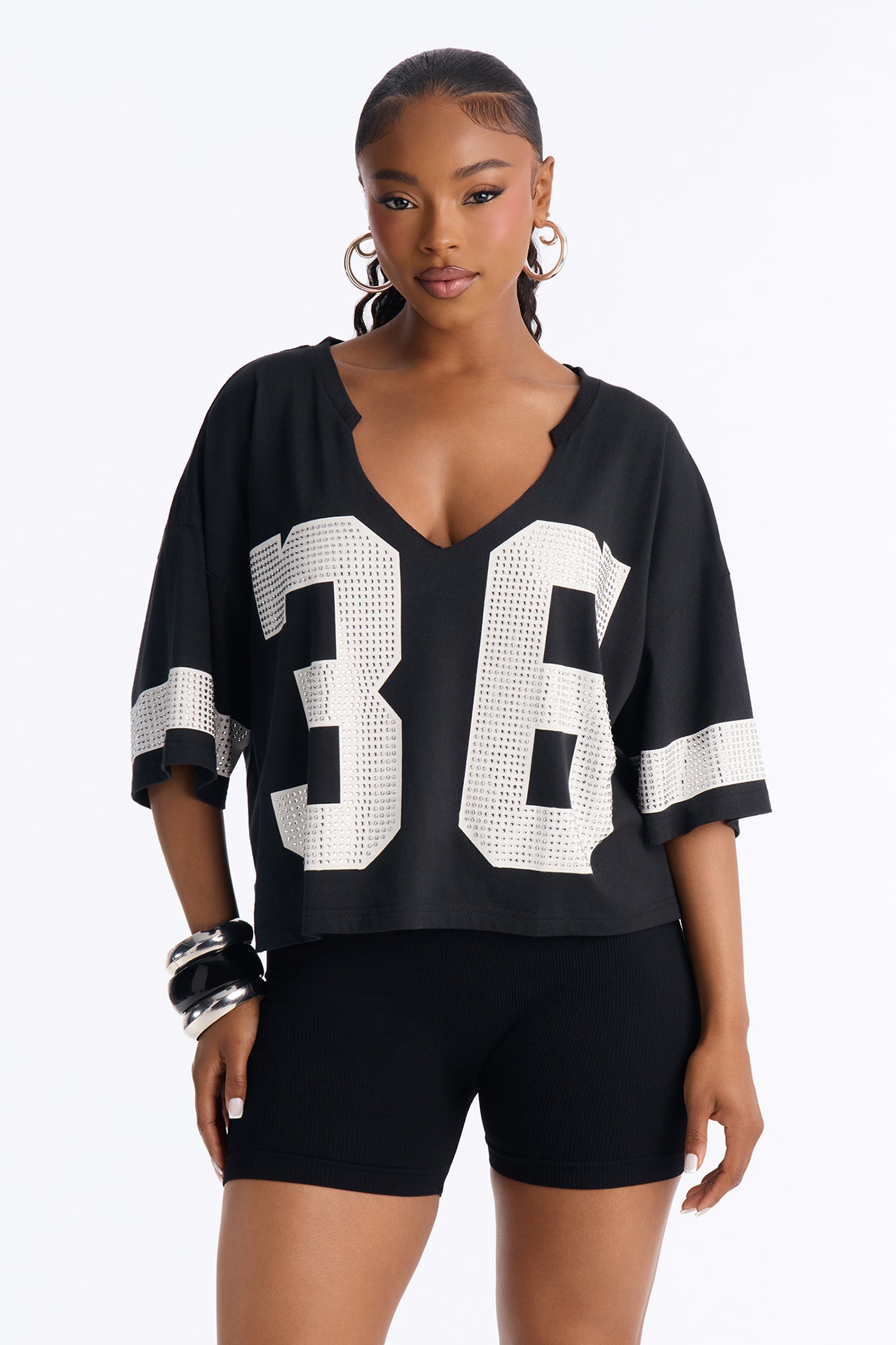 36 Power Player Rhinestone Jersey Tee - Black