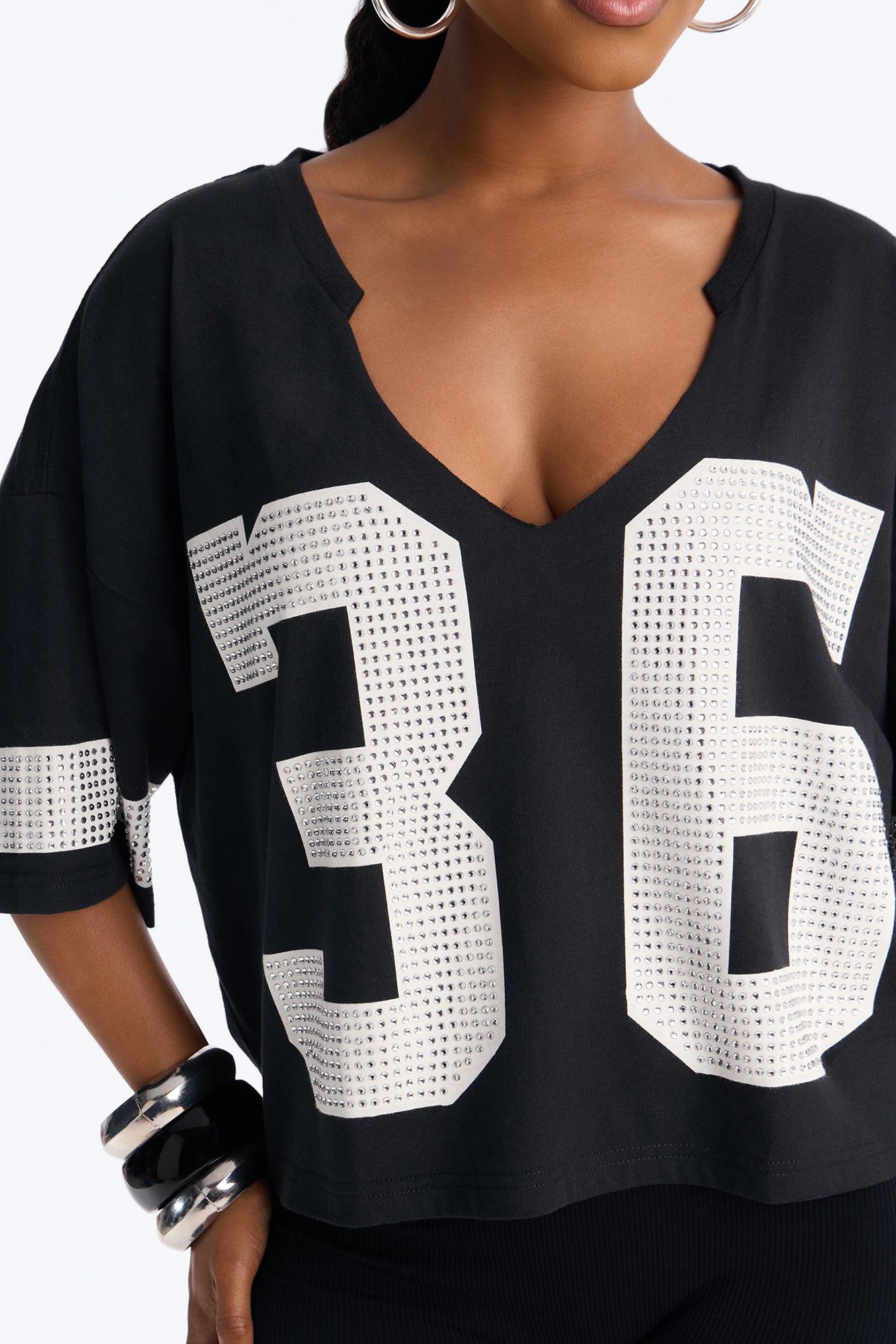 36 Power Player Rhinestone Jersey Tee - Black