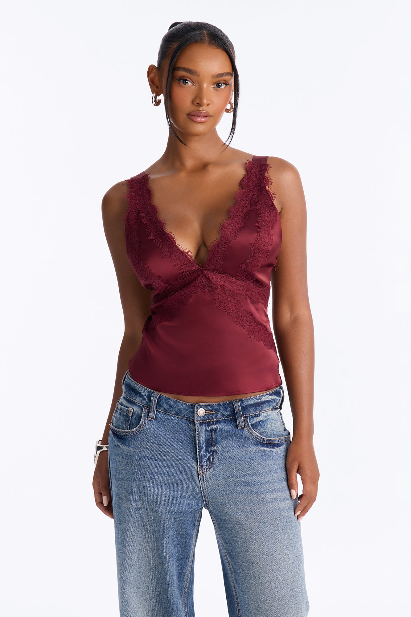 Show Me Better Lace Trim Satin Top - Burgundy
