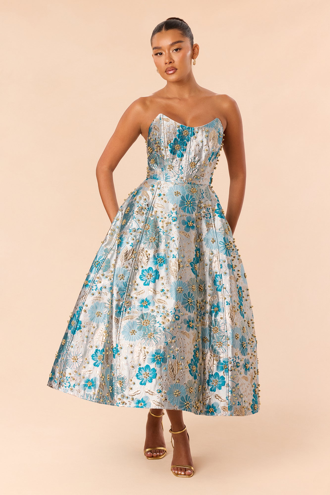 Honey Kiss Jacquard Midi Dress - Teal/combo