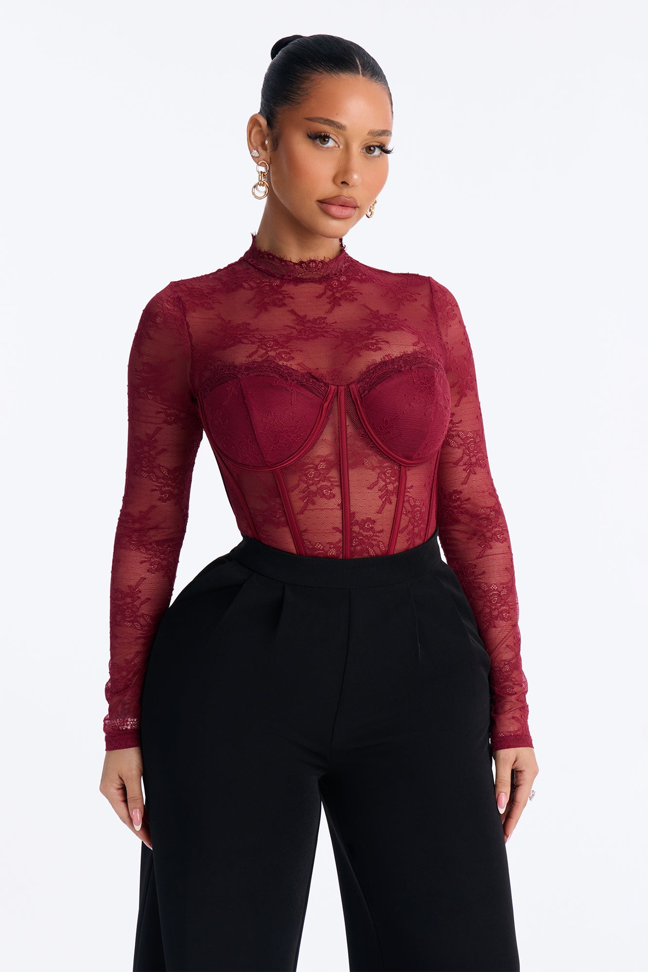 Romance Hour Lace Long Sleeve Bodysuit - Burgundy