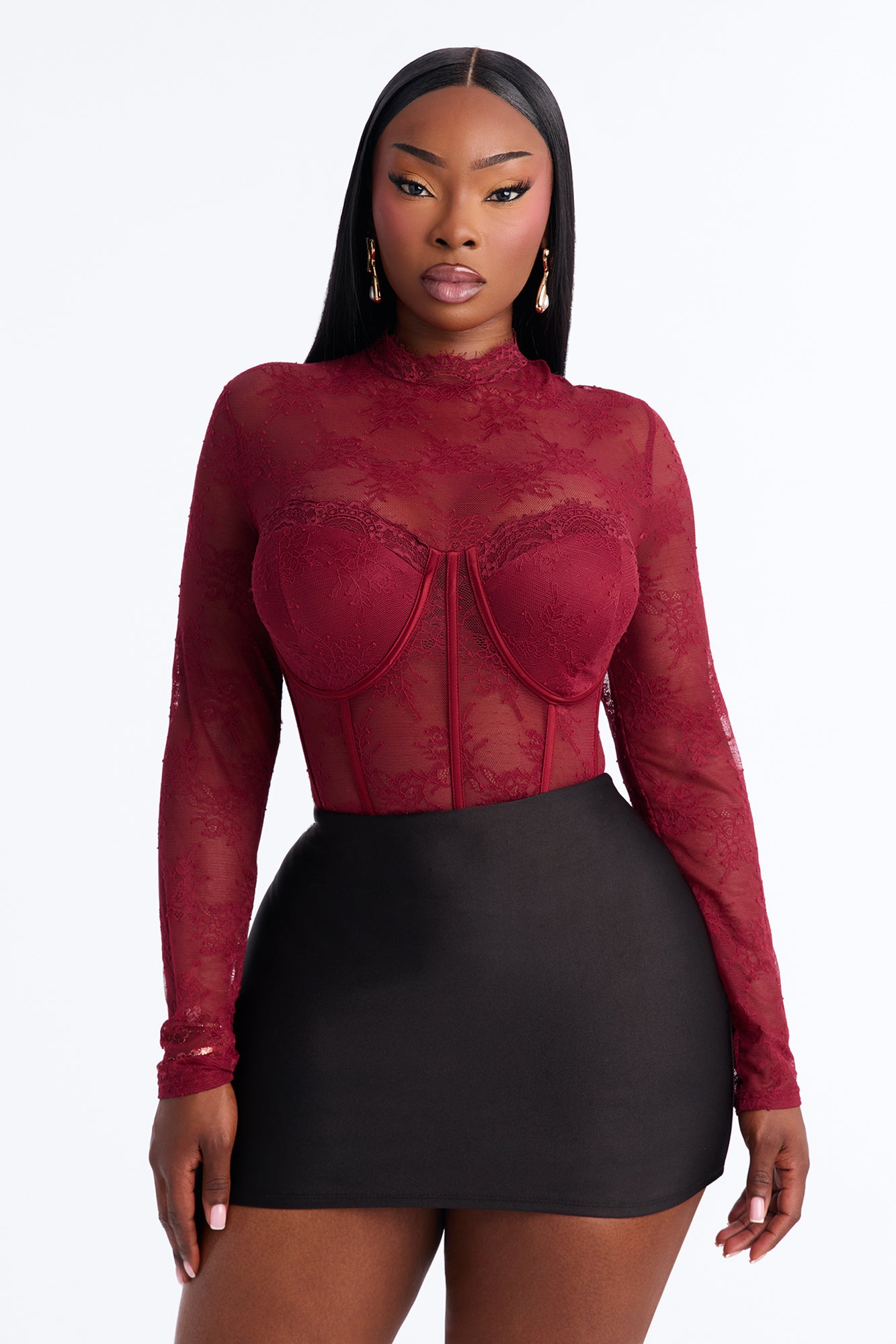 Romance Hour Lace Long Sleeve Bodysuit - Burgundy
