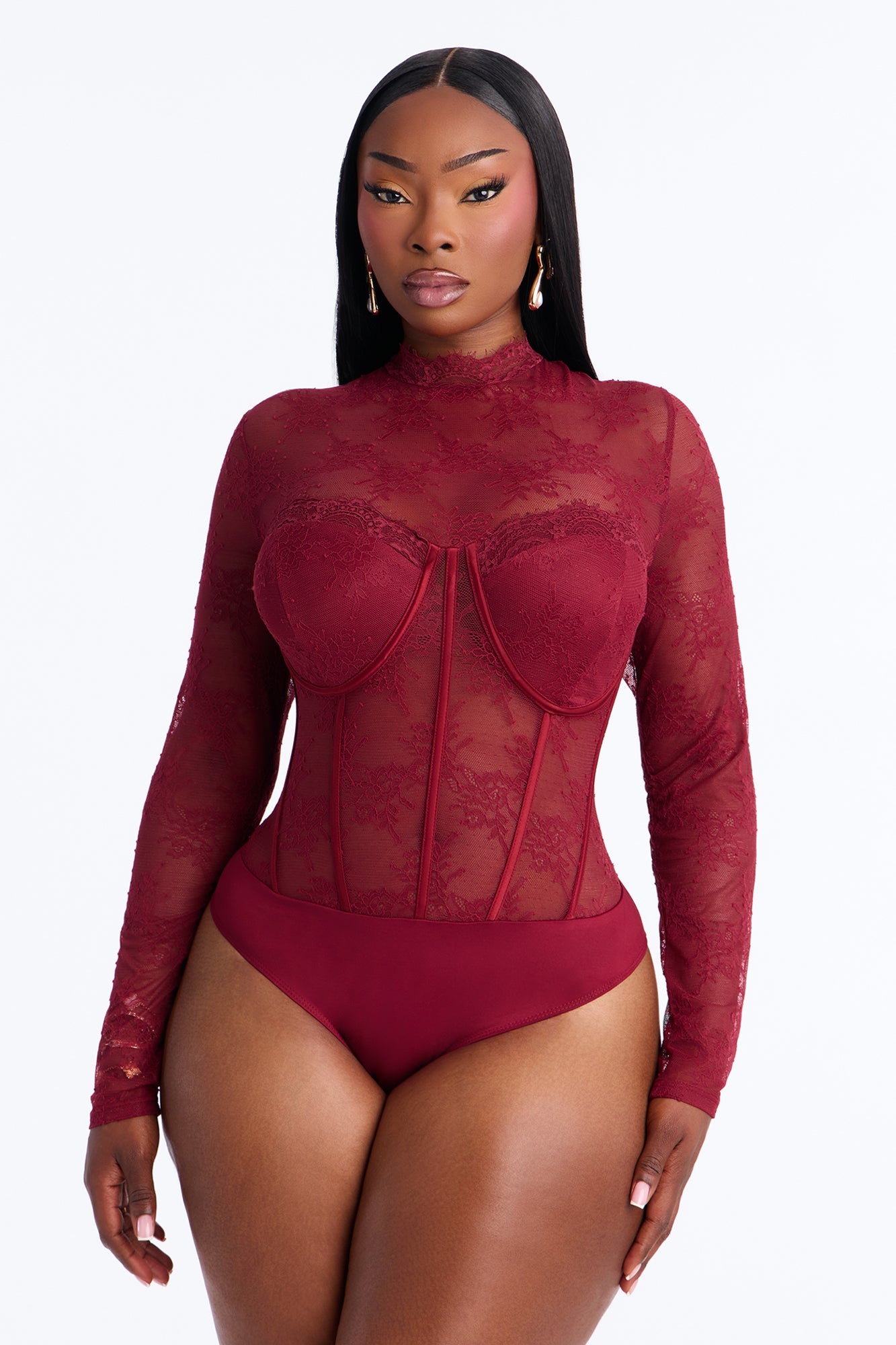 Romance Hour Lace Long Sleeve Bodysuit - Burgundy