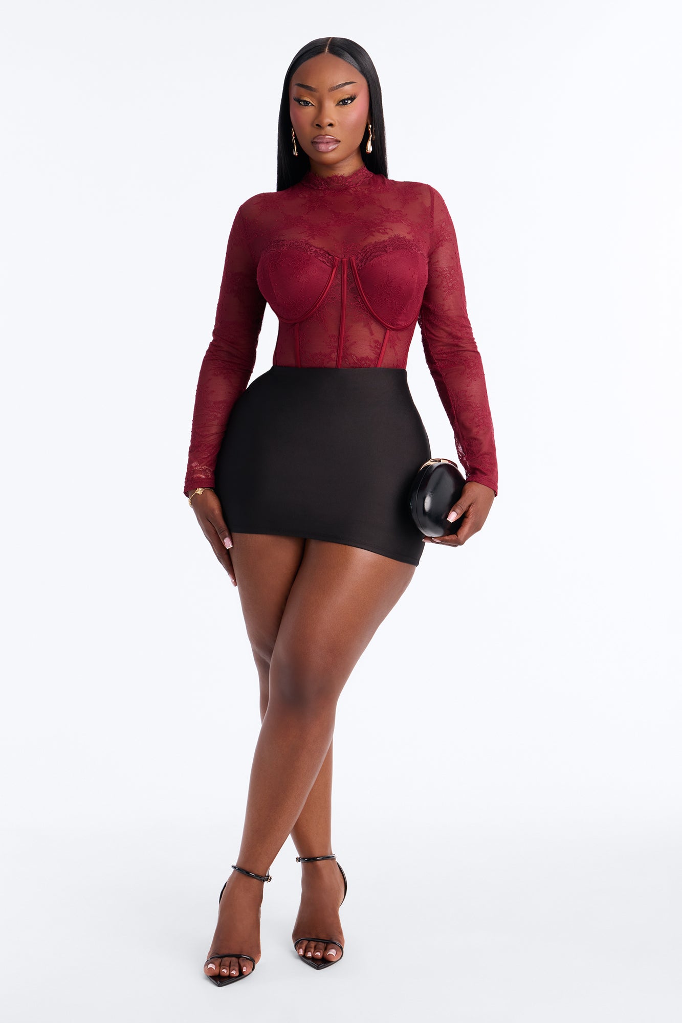 Romance Hour Lace Long Sleeve Bodysuit - Burgundy