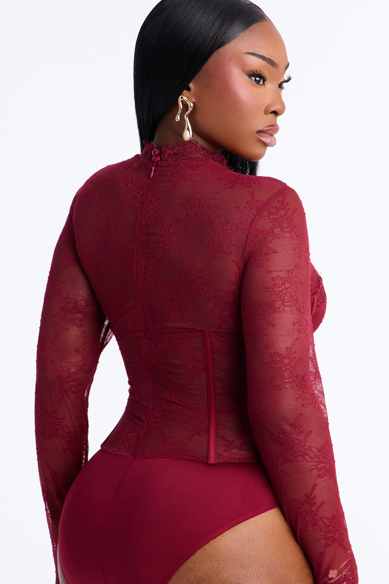 Romance Hour Lace Long Sleeve Bodysuit - Burgundy