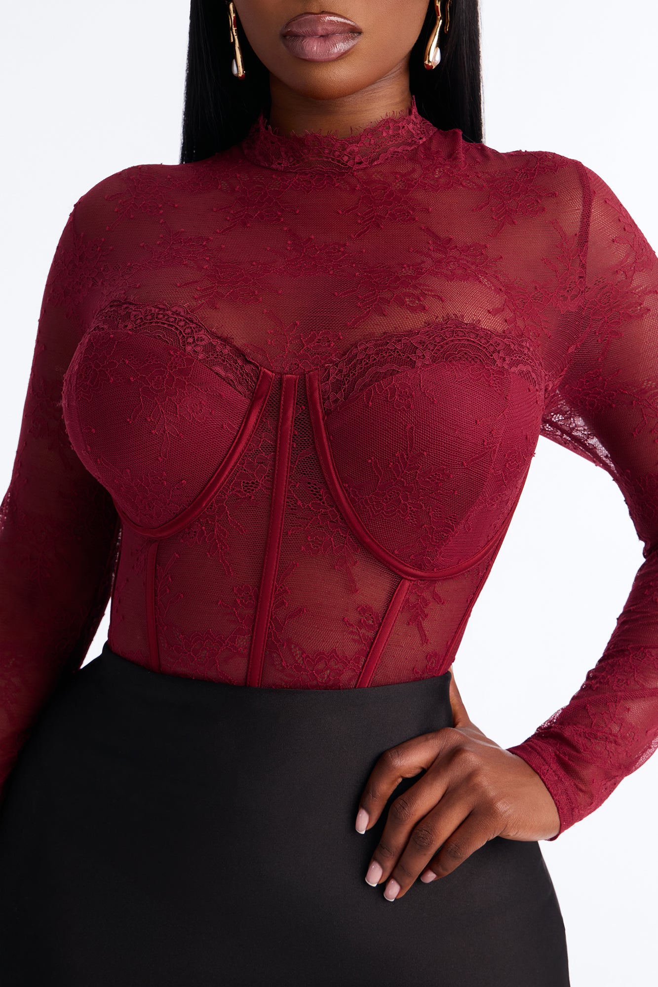 Romance Hour Lace Long Sleeve Bodysuit - Burgundy