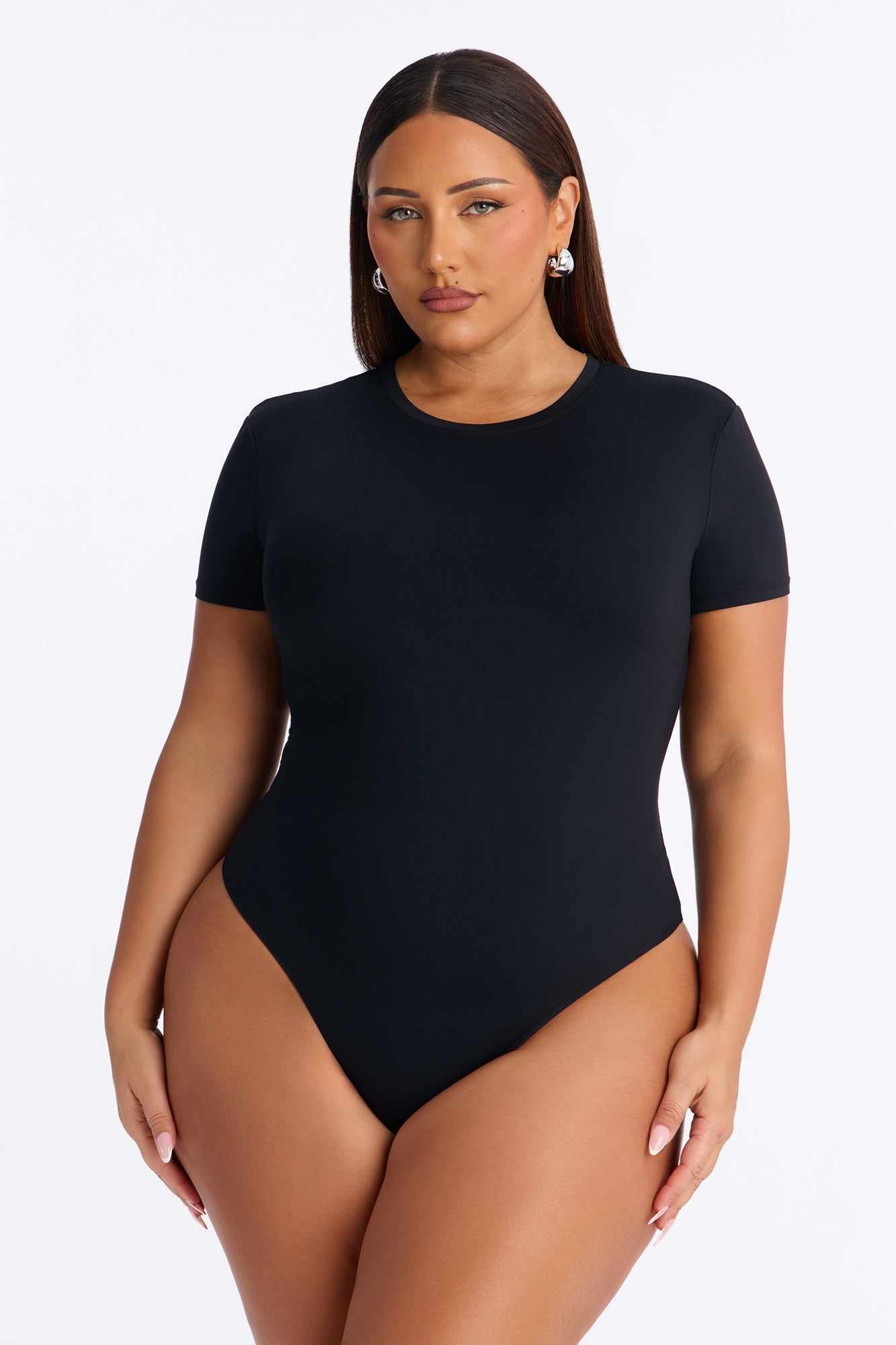 Second Skin Double Lined Crew Neck Short Sleeve Bodysuit - Black