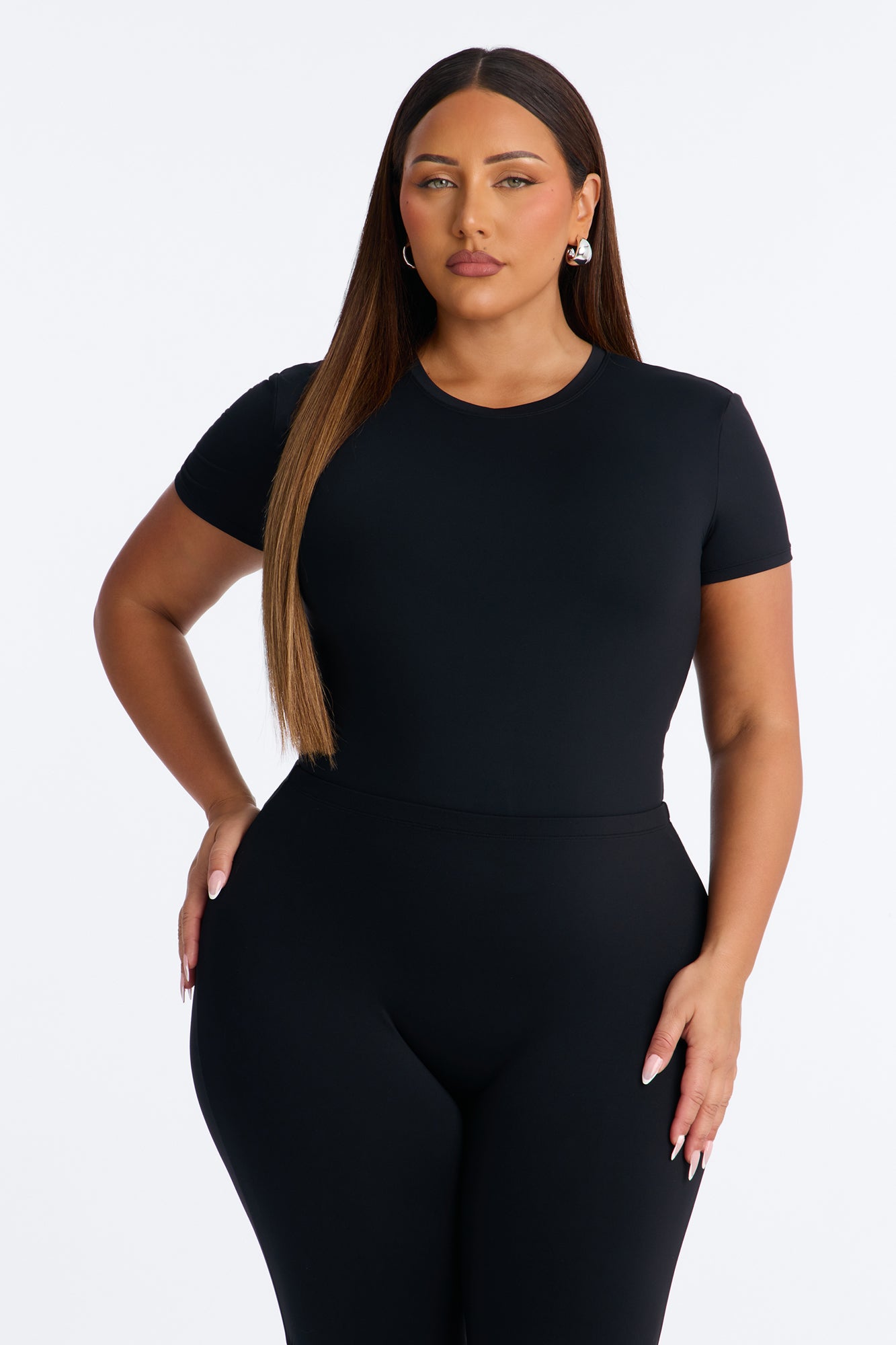 Second Skin Double Lined Crew Neck Short Sleeve Bodysuit - Black