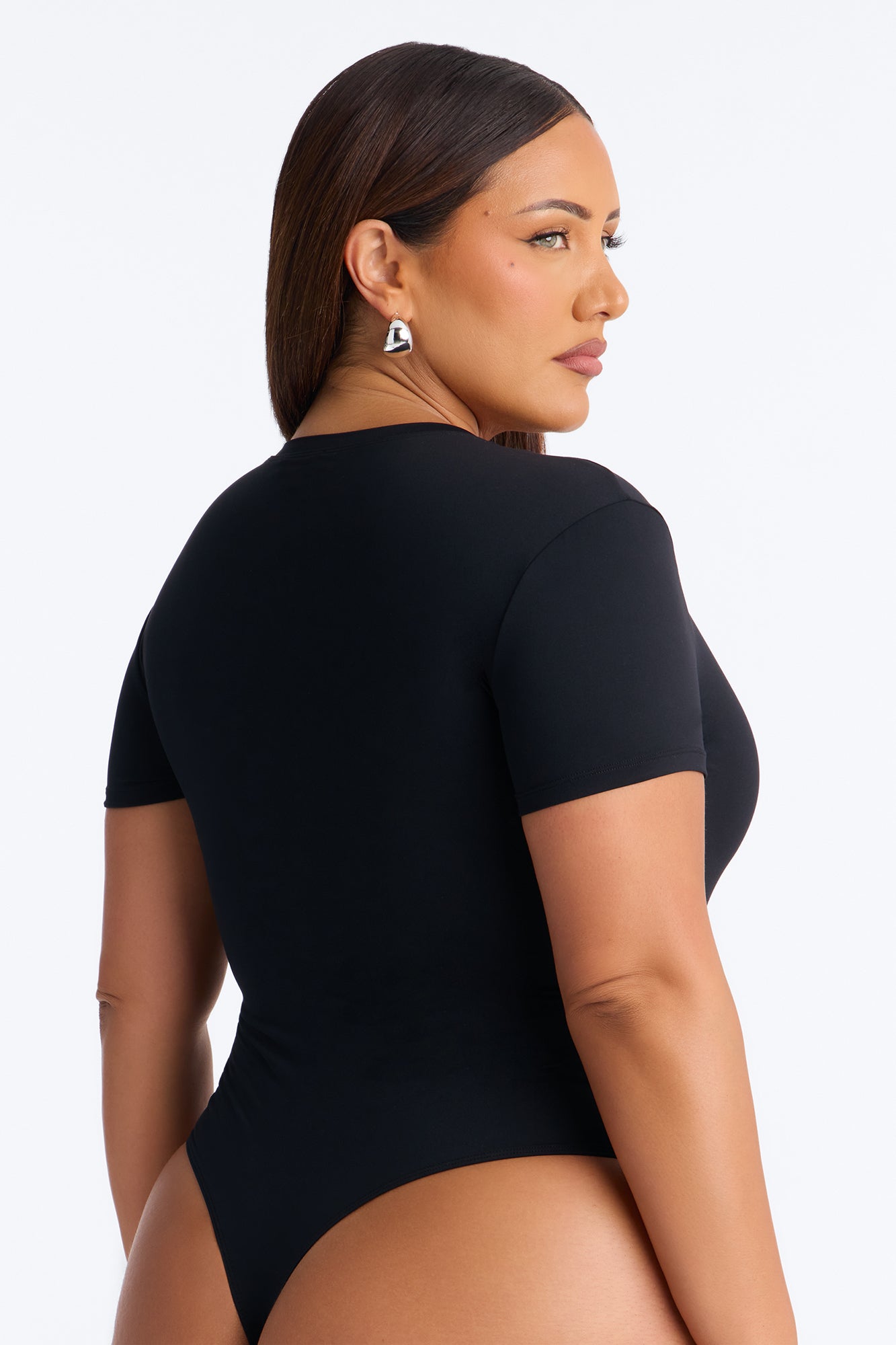 Second Skin Double Lined Crew Neck Short Sleeve Bodysuit - Black