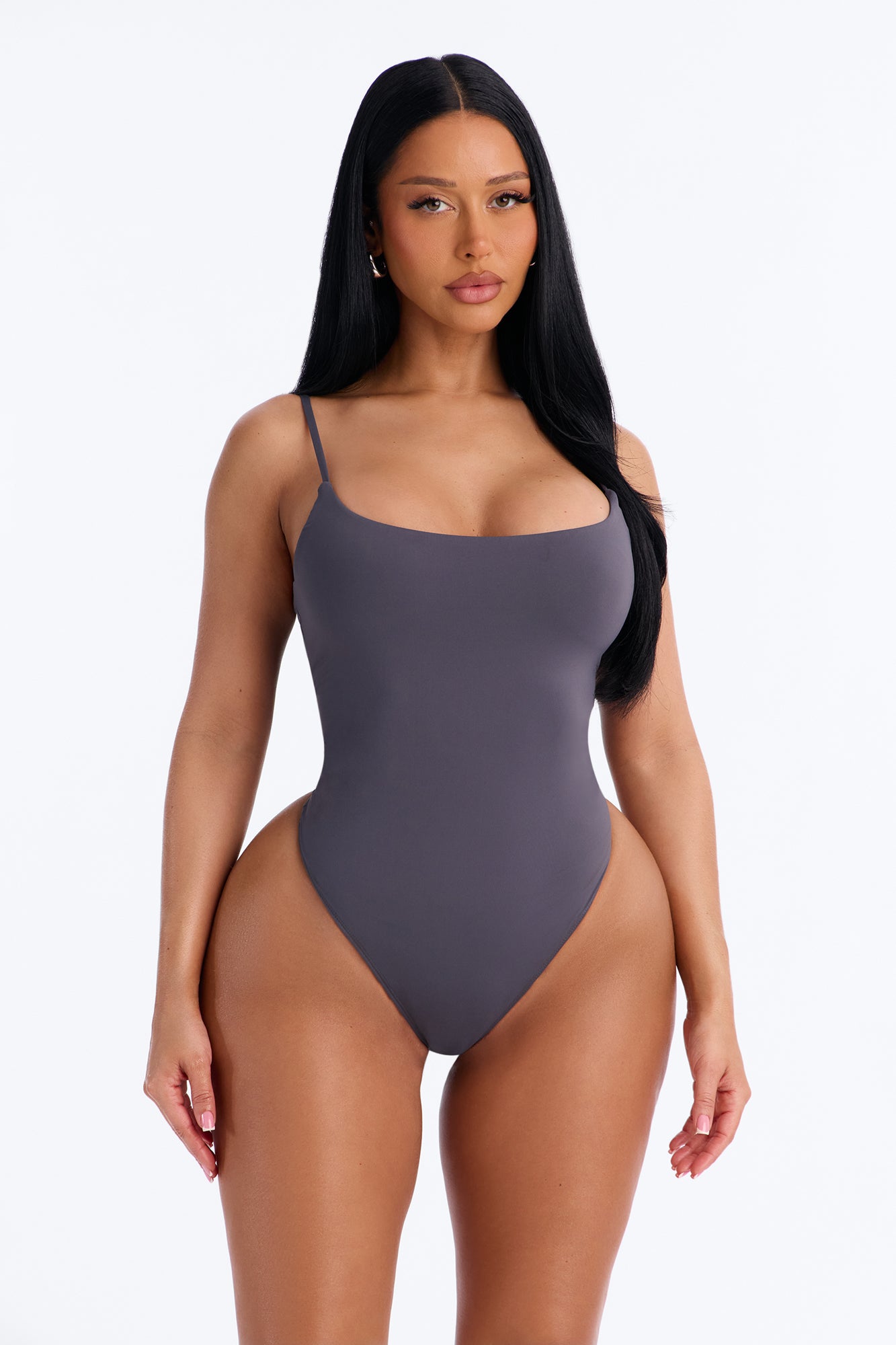 Second Skin Double Lined Square Neck Cami Bodysuit - Charcoal