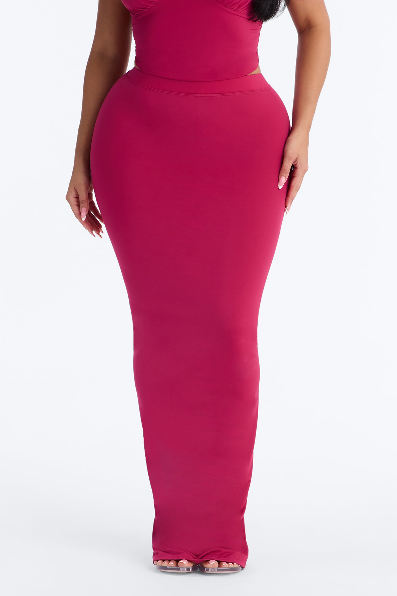 Second Skin Double Lined Ruched Back Slit Maxi Skirt - Raspberry