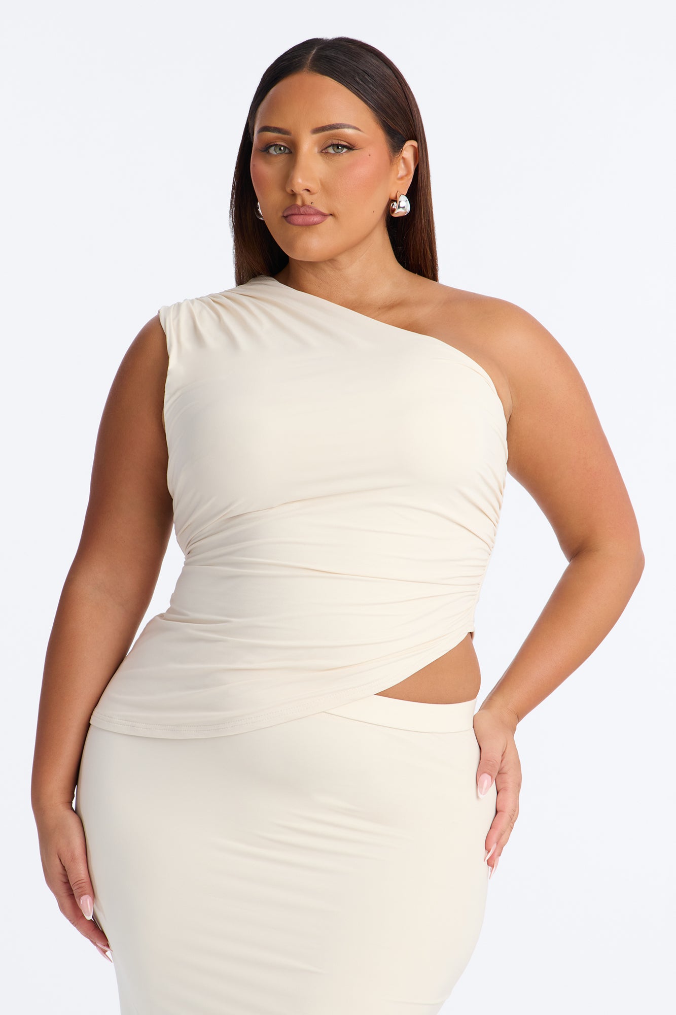 Second Skin Double Lined One Shoulder Ruched Top - Bone