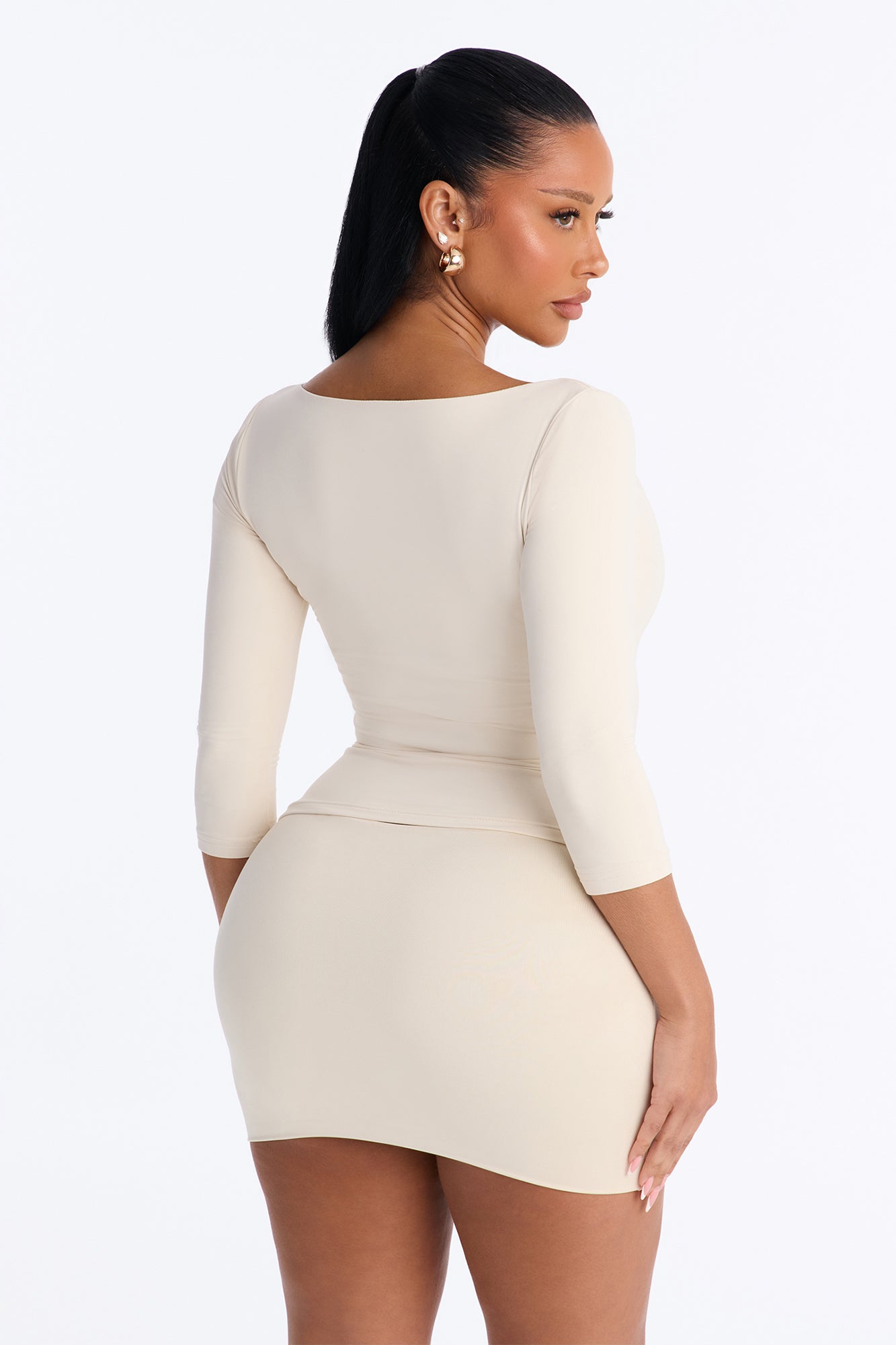 Second Skin Double Lined Scoop Neck Mid Sleeve Top - Bone