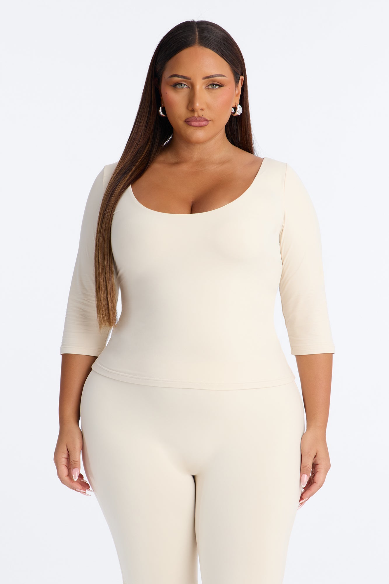 Second Skin Double Lined Scoop Neck Mid Sleeve Top - Bone