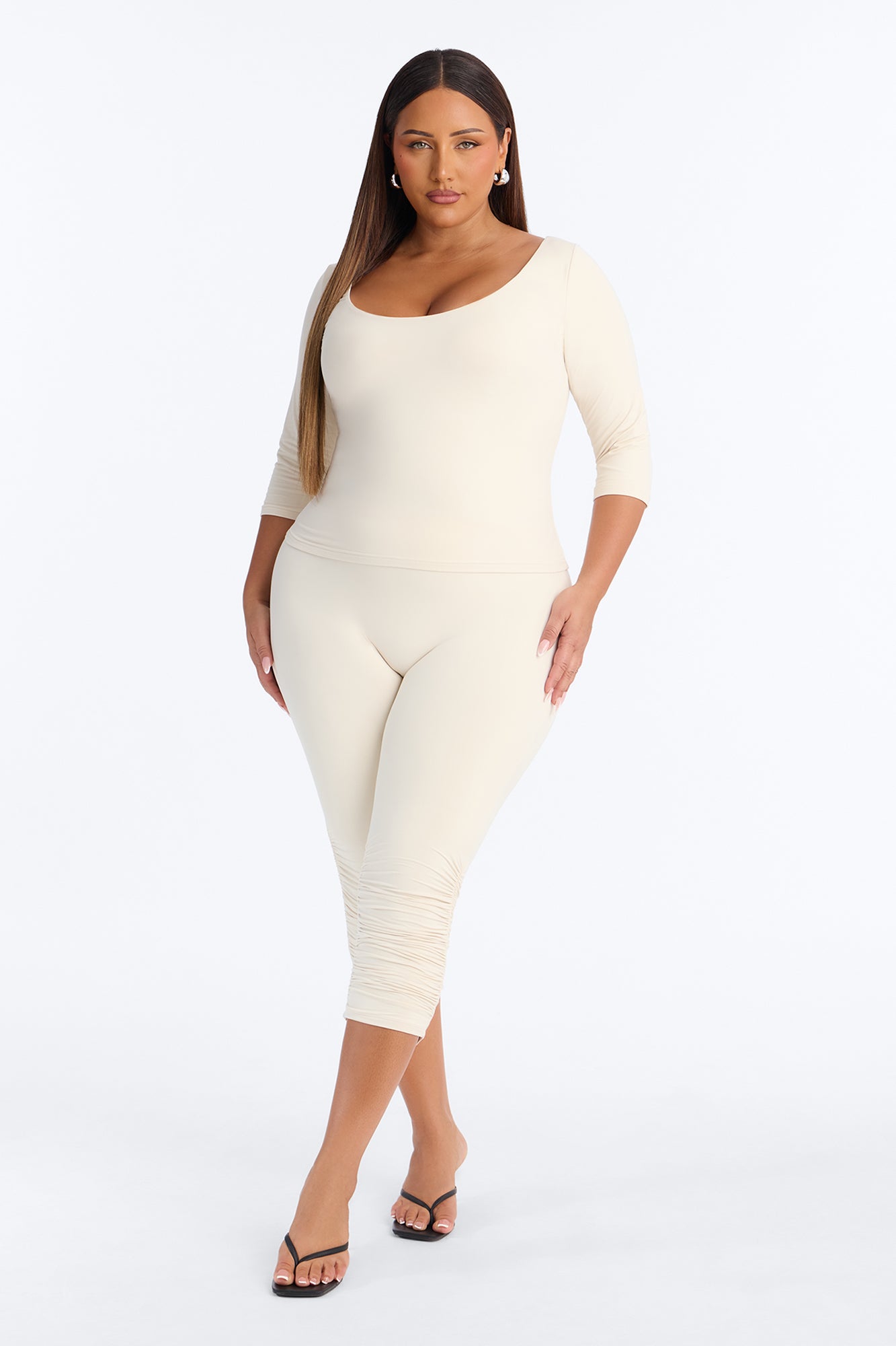 Second Skin Double Lined Scoop Neck Mid Sleeve Top - Bone