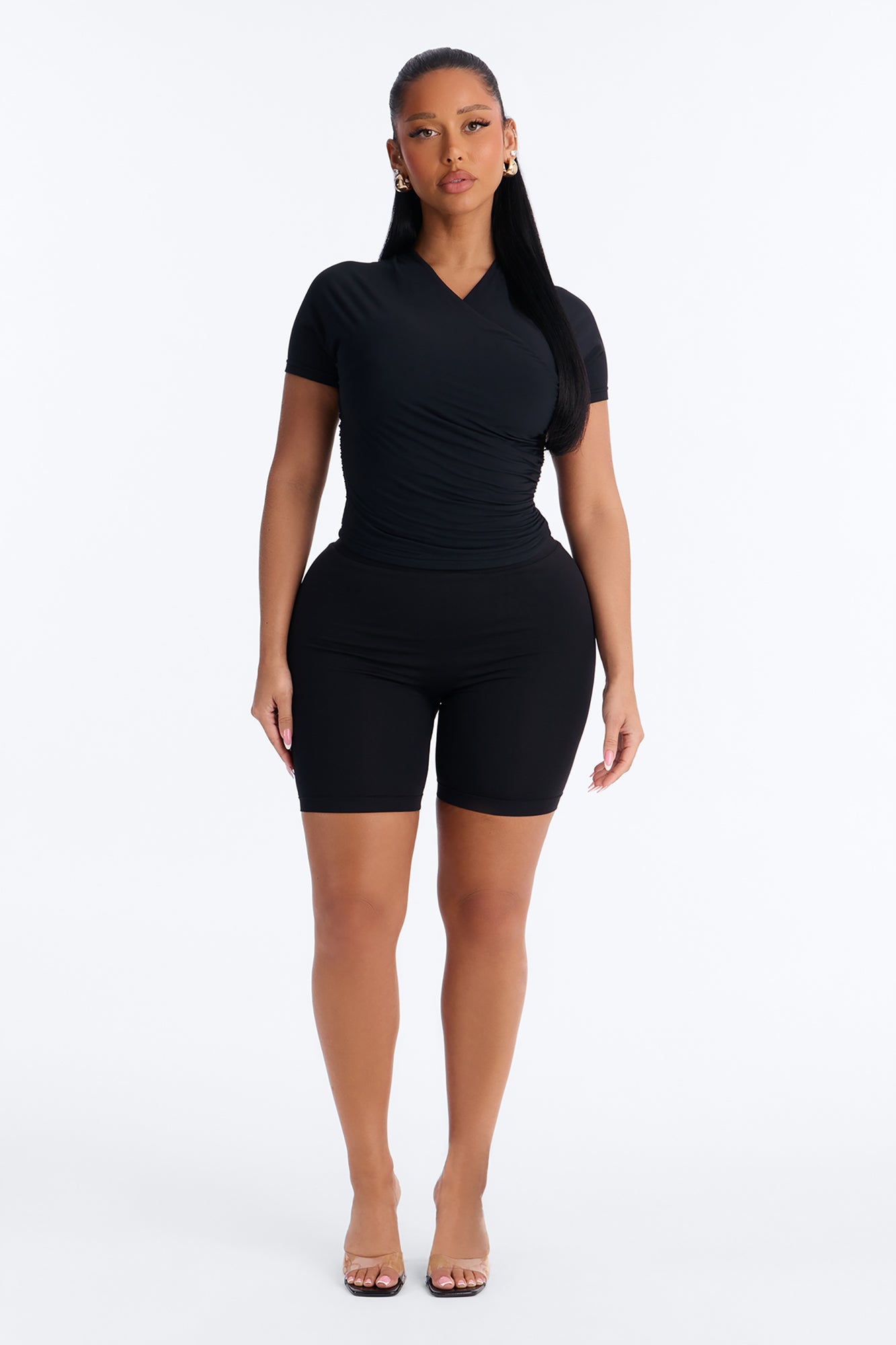 Second Skin Double Lined Cross Over Short Sleeve Top - Black