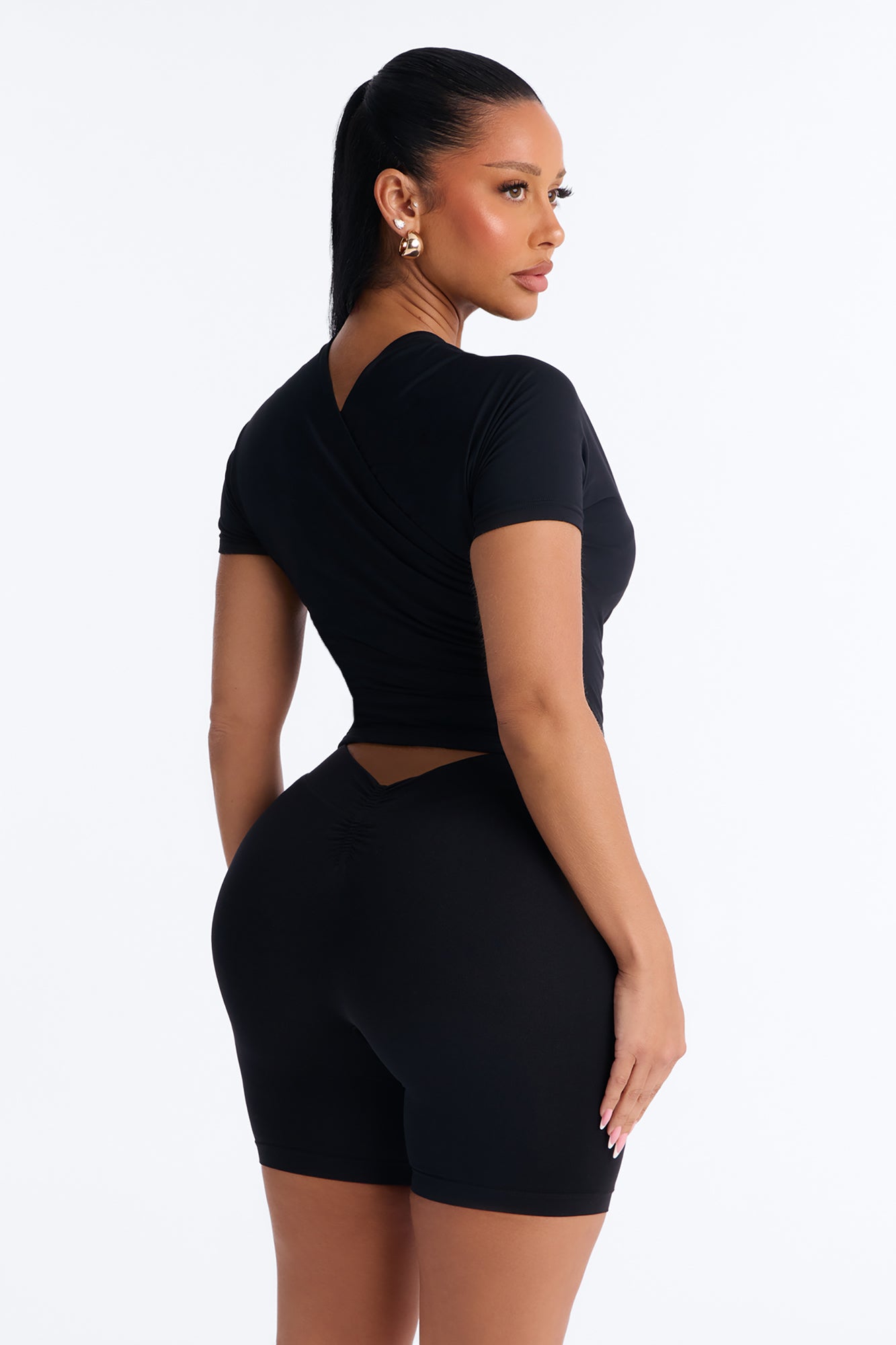 Second Skin Double Lined Cross Over Short Sleeve Top - Black