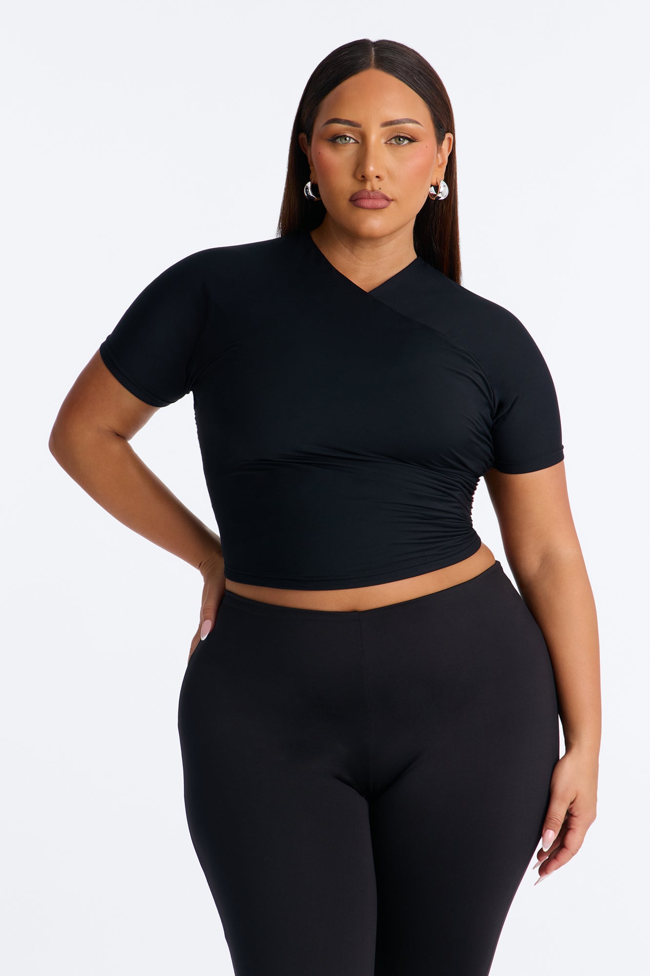 Second Skin Double Lined Cross Over Short Sleeve Top - Black