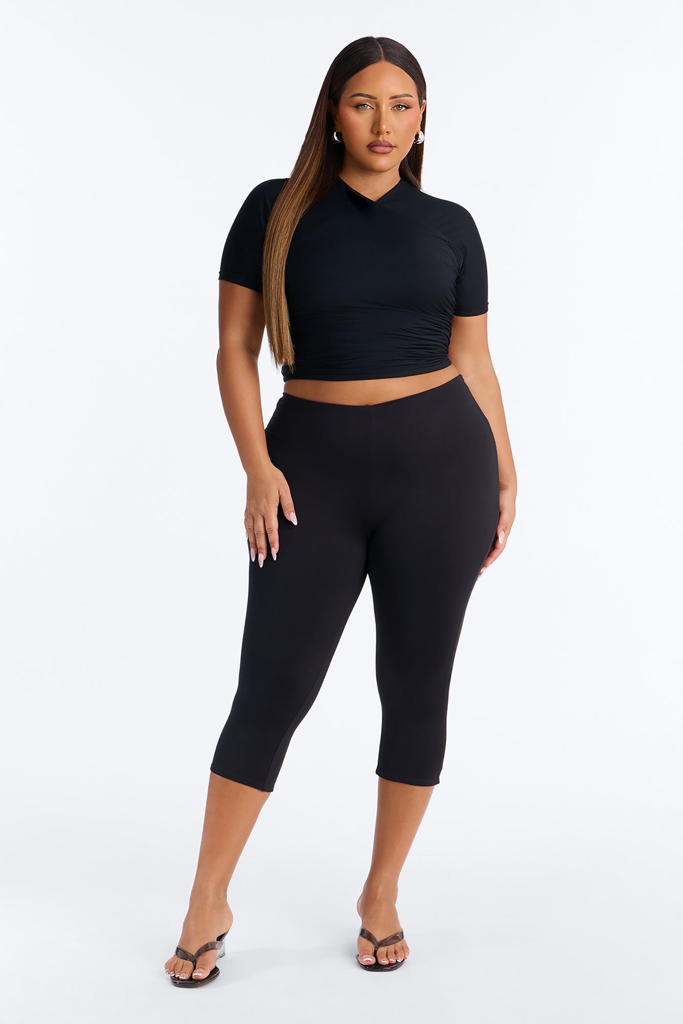 Second Skin Double Lined Cross Over Short Sleeve Top - Black