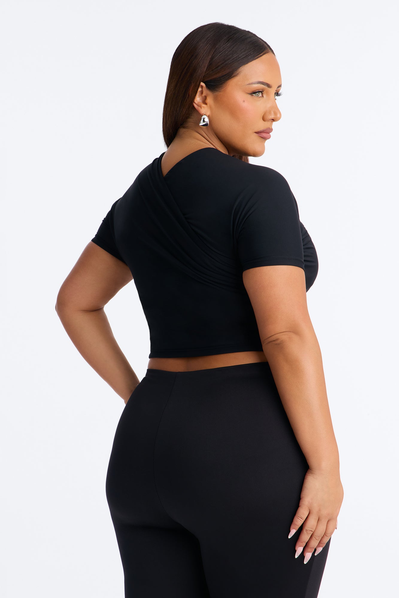 Second Skin Double Lined Cross Over Short Sleeve Top - Black