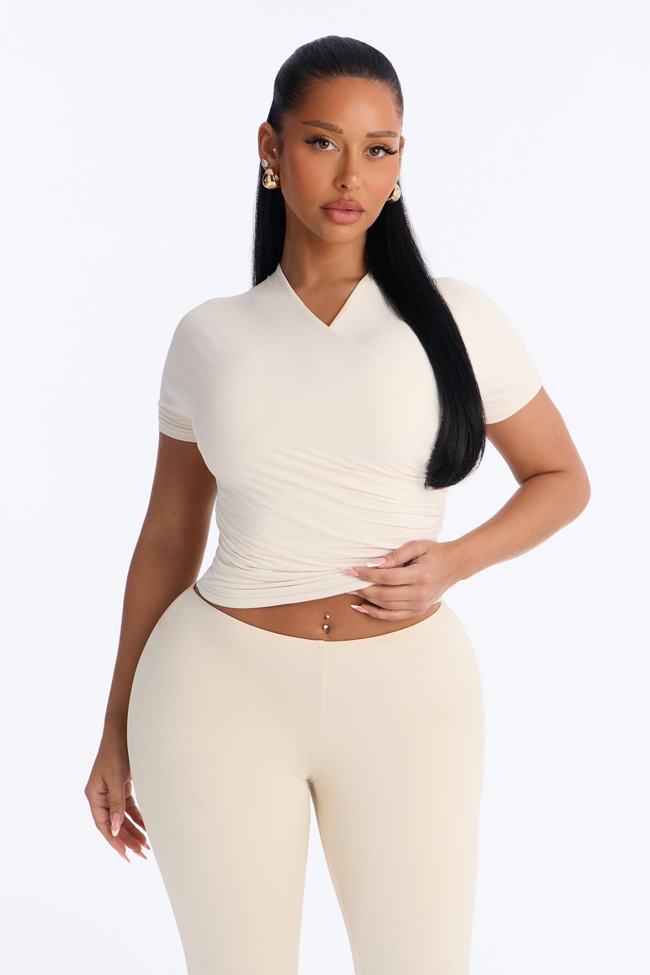 Second Skin Double Lined Cross Over Short Sleeve Top - Bone