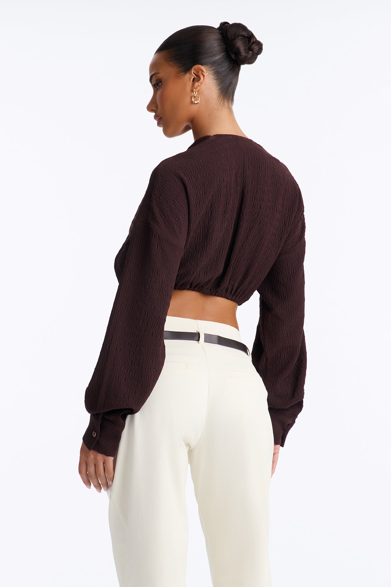 Amalfi Trip Hardware Long Sleeve Cropped Top - Chocolate