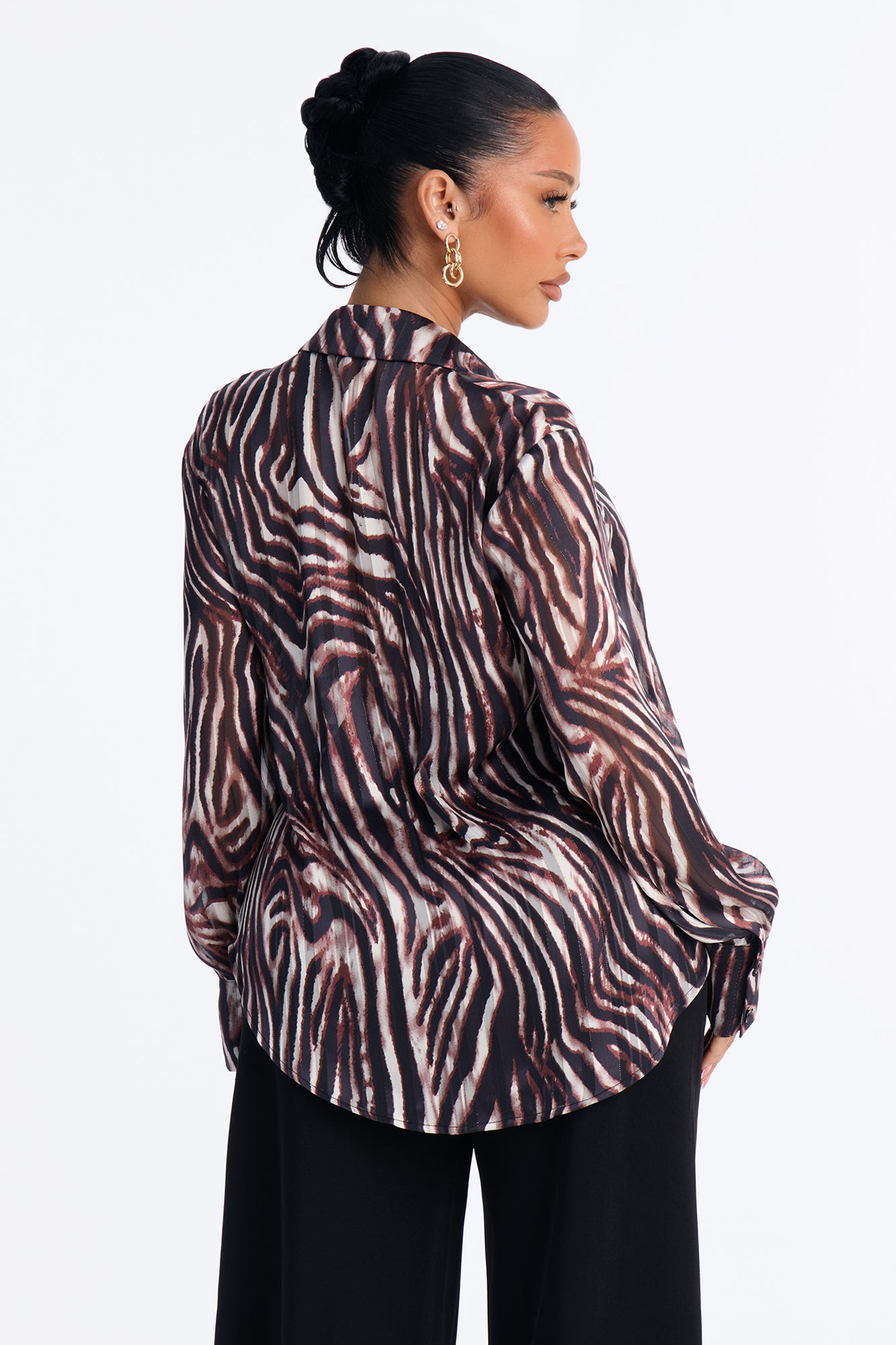 Late Calls Shimmer Chiffon Blouse - Brown/combo