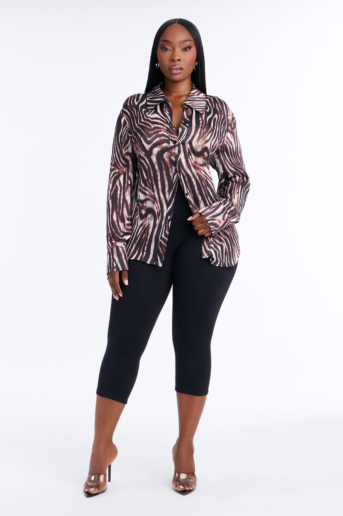 Late Calls Shimmer Chiffon Blouse - Brown/combo