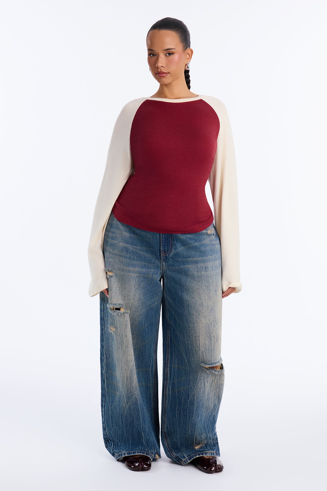 Still Got It Lace Up Raglan Baseball Sweater - Burgundy/combo