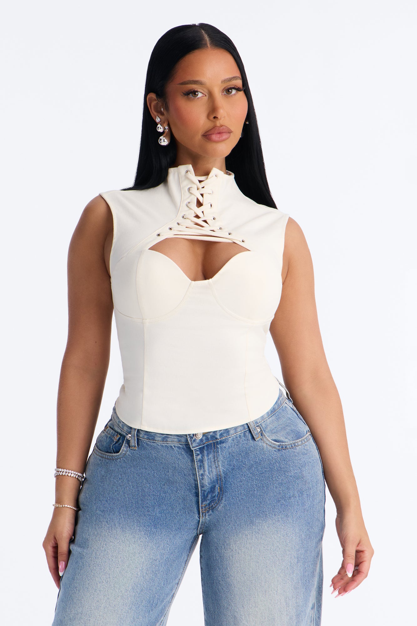 Cool Girl Mindset Lace Up Twill Top - Beige