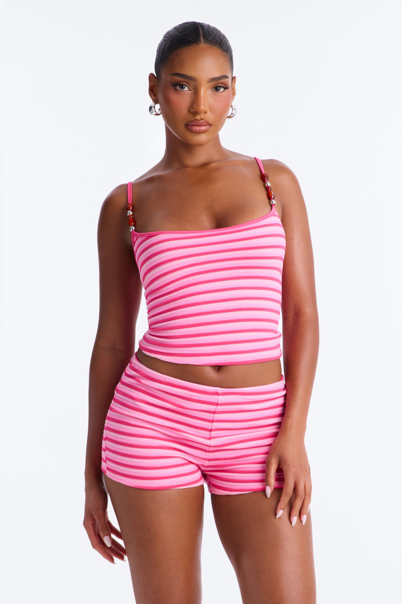 Summer Feeling Striped Terry Cloth Short Set - Hot Pink