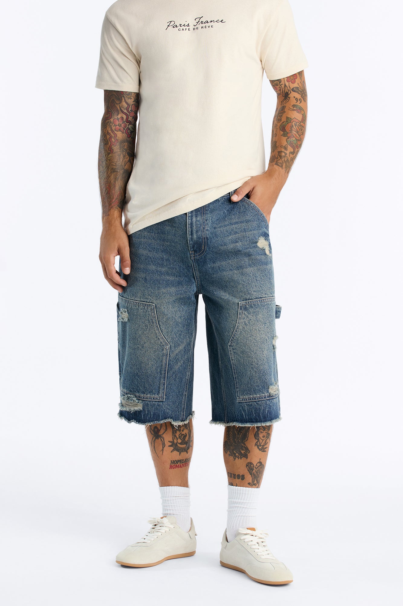 Baggy Carpenter Distressed Denim Shorts - Vintage Wash