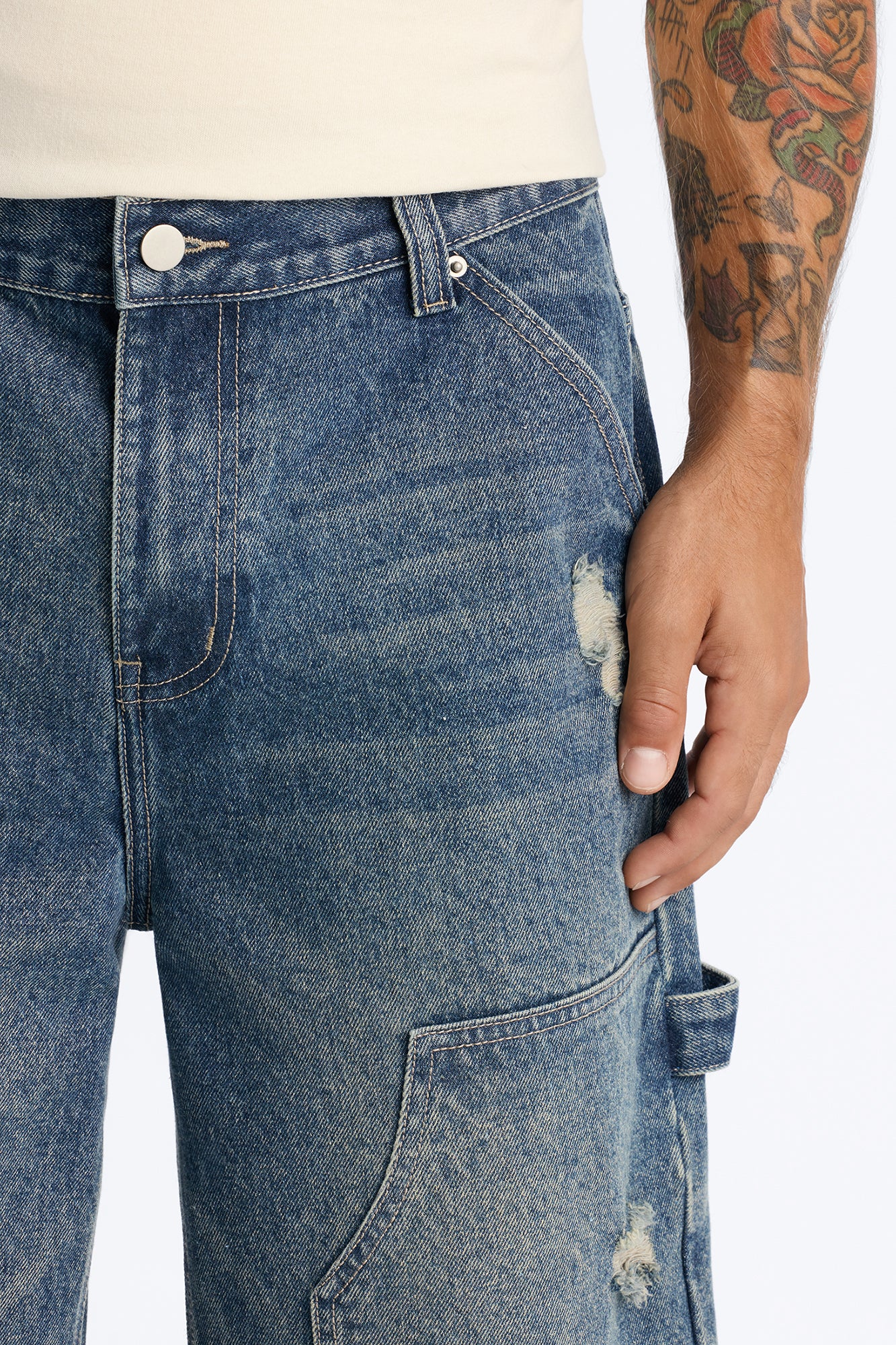 Baggy Carpenter Distressed Denim Shorts - Vintage Wash