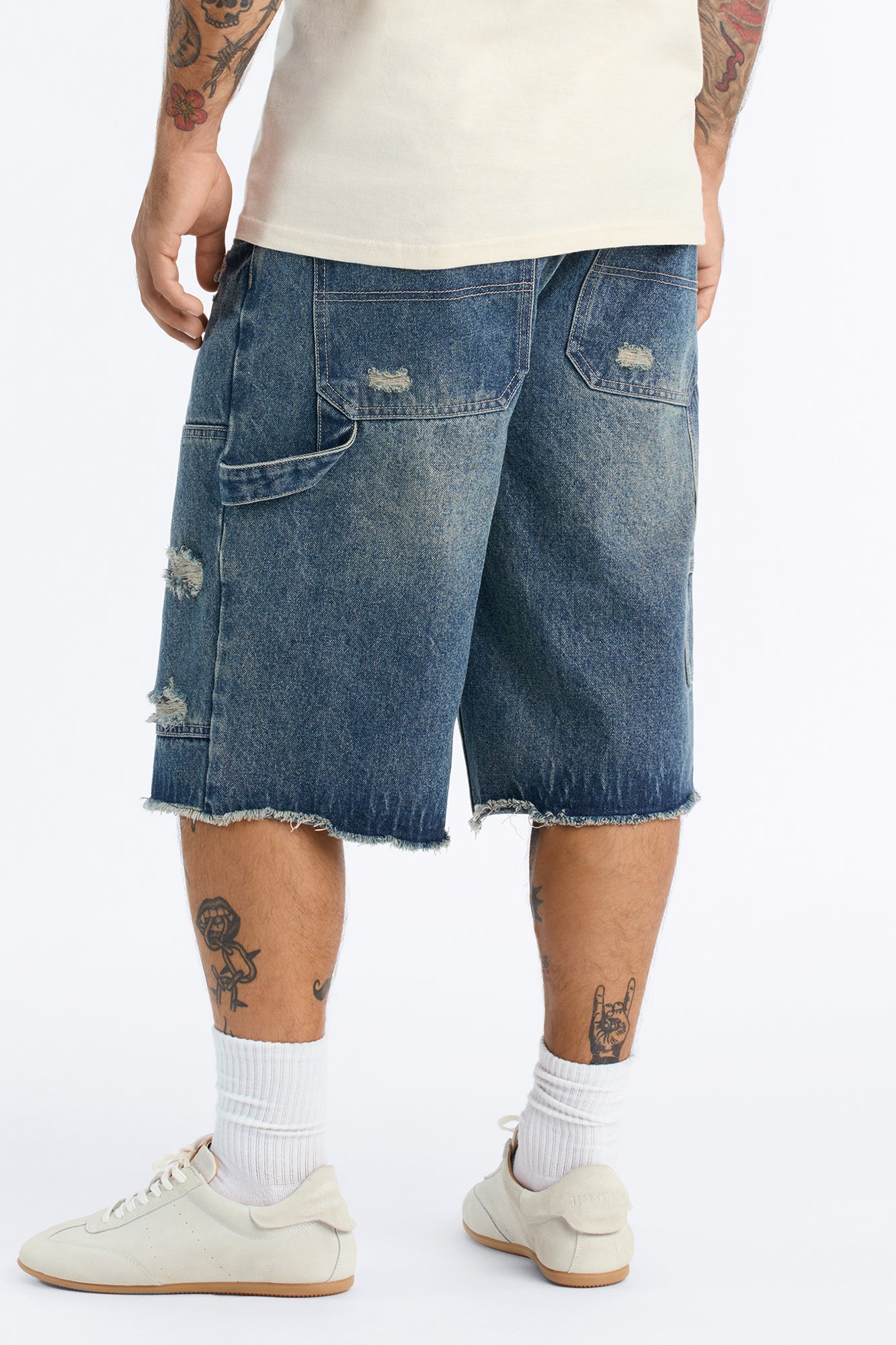 Baggy Carpenter Distressed Denim Shorts - Vintage Wash