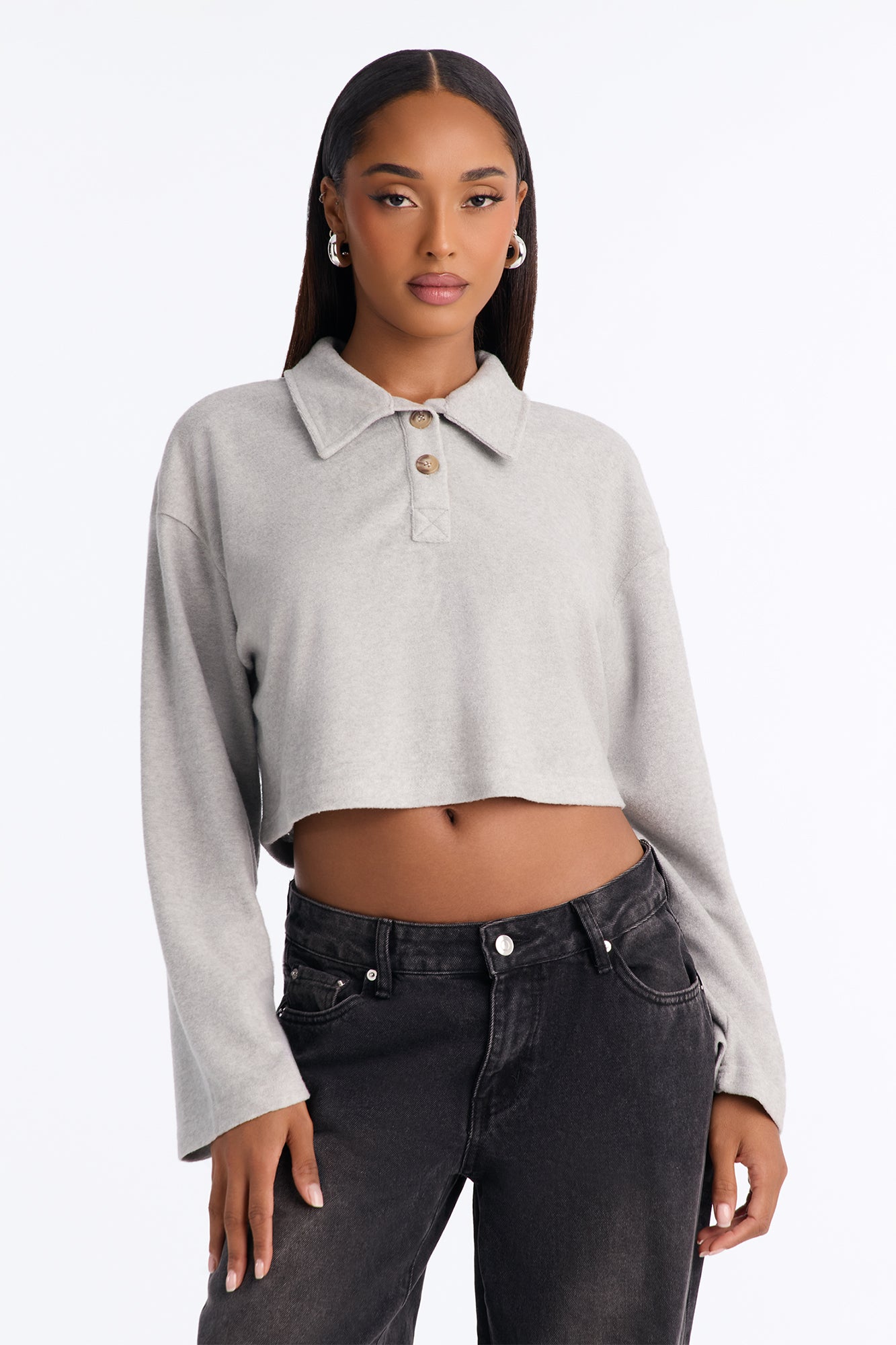 Evelyn Everyday Boxy Crop Polo Shirt - Heather Grey