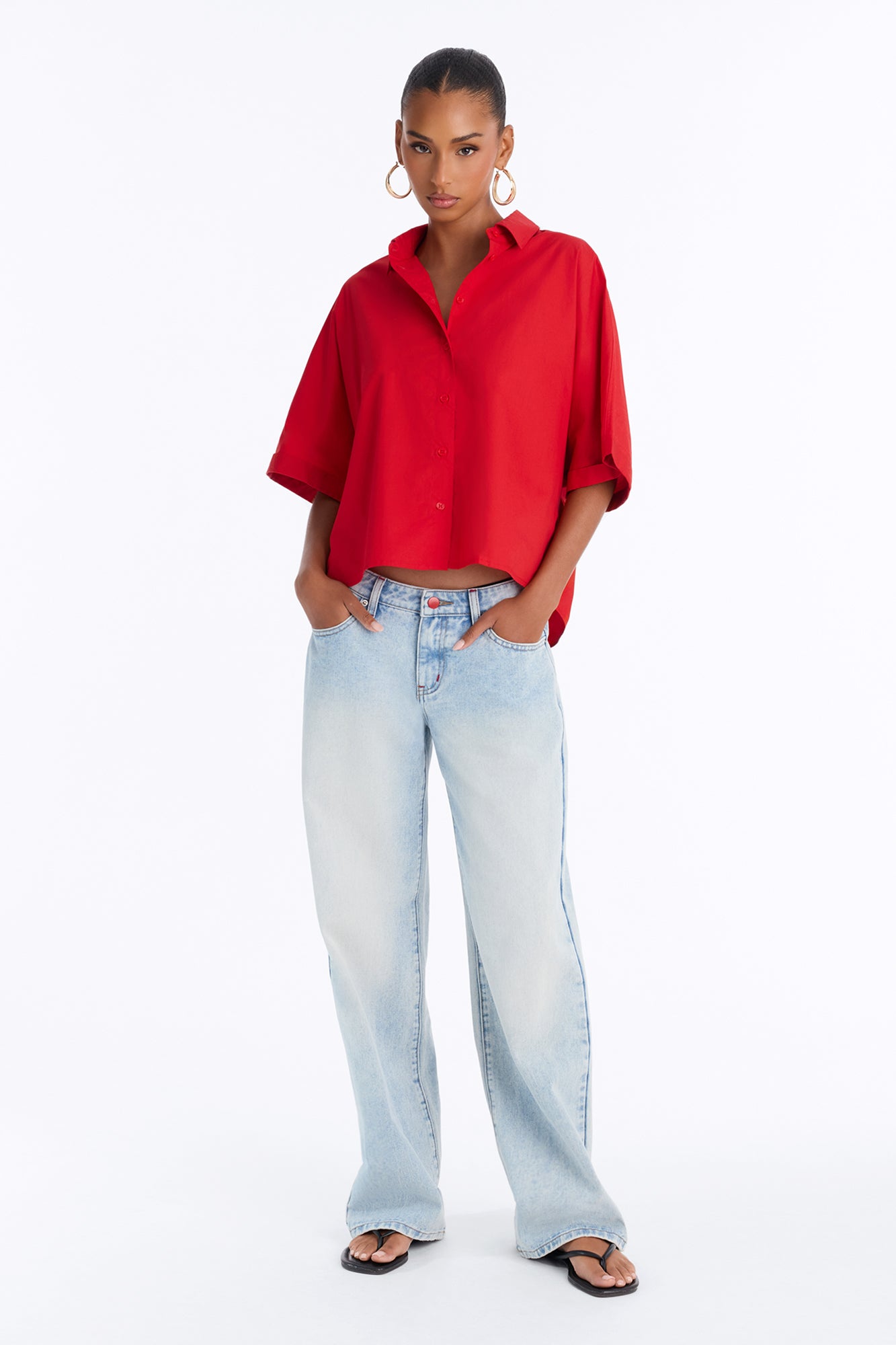 Sancie Oversized Poplin Button Up Shirt - Red
