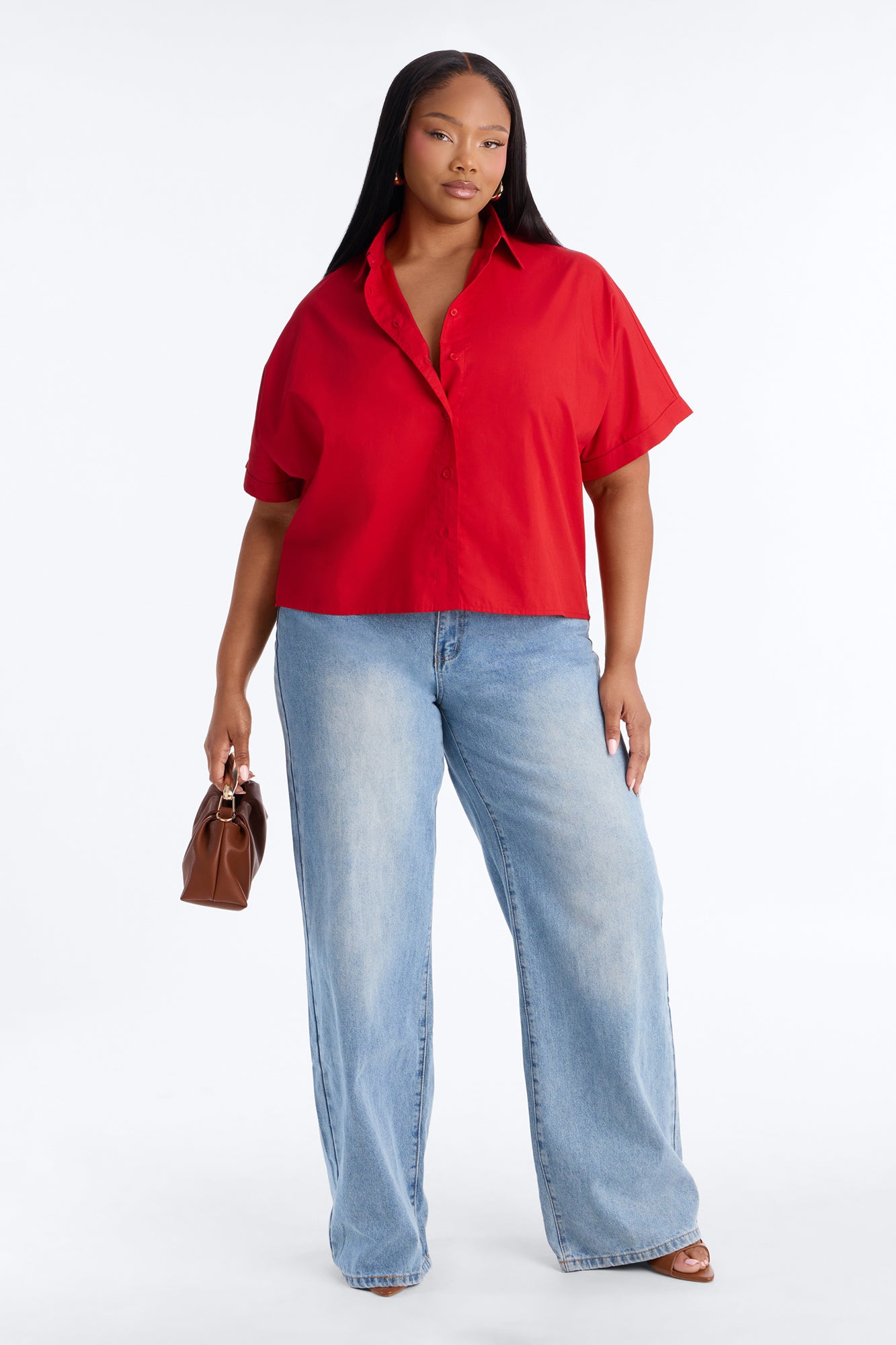Sancie Oversized Poplin Button Up Shirt - Red