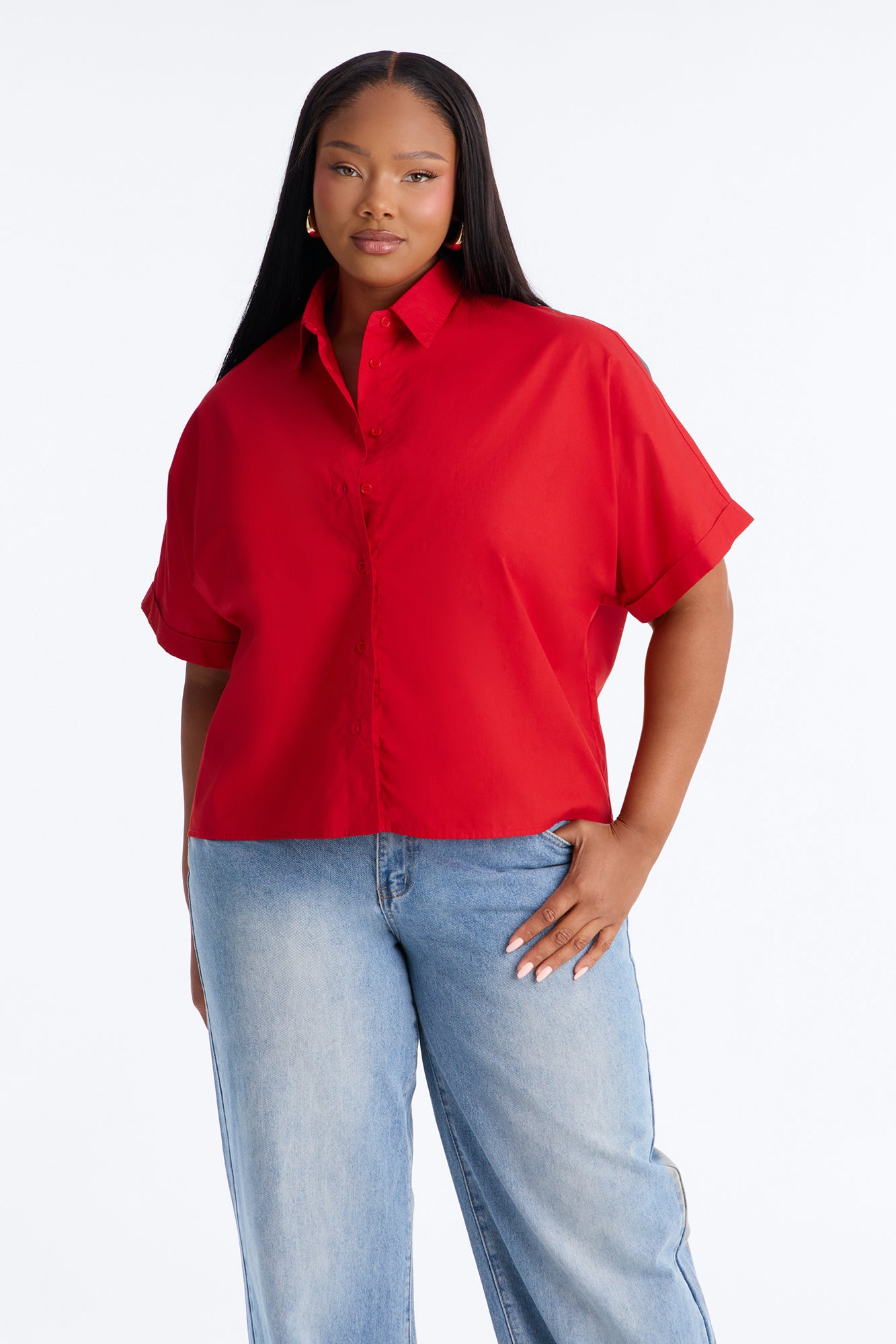 Sancie Oversized Poplin Button Up Shirt - Red