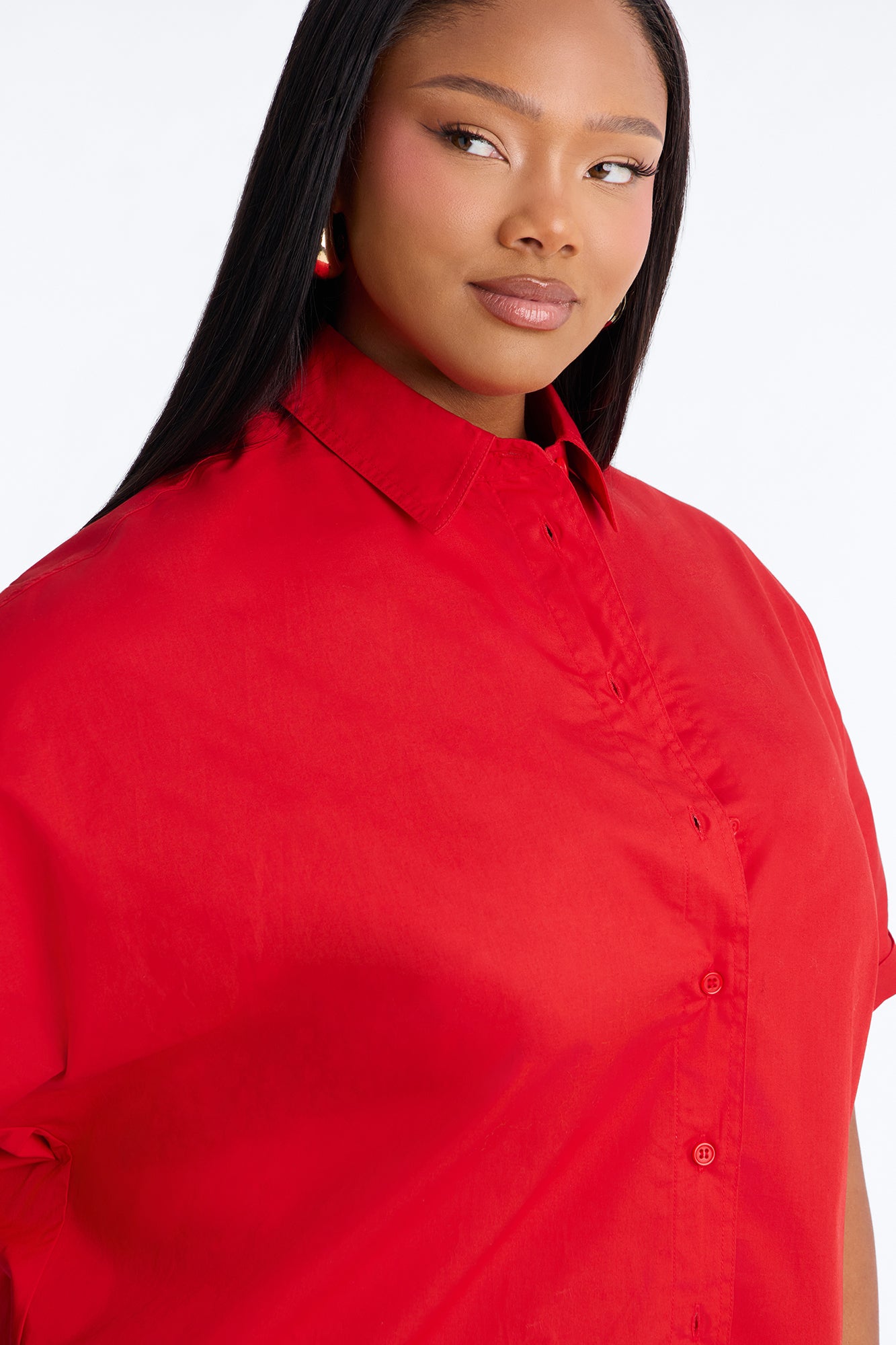 Sancie Oversized Poplin Button Up Shirt - Red